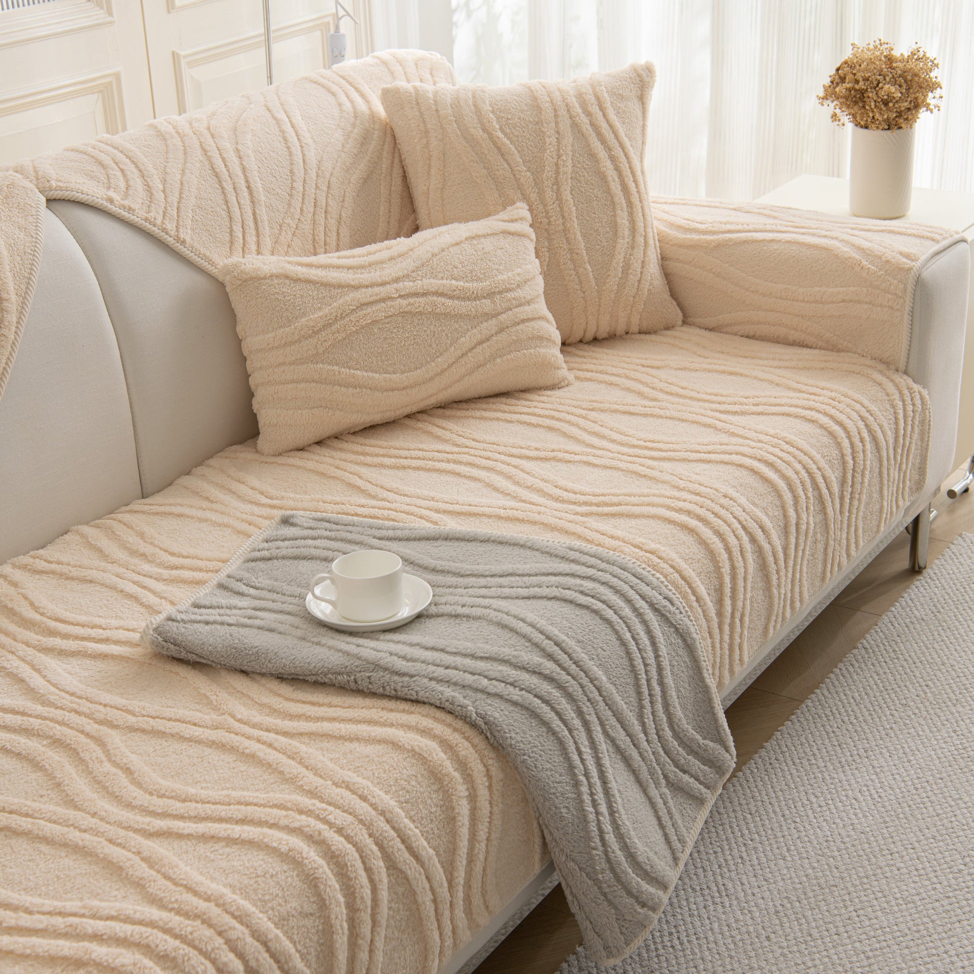 Winter Thickened Non-slip Blanket, Three-Dimensional Embossed Cotton Velvet Sofa Cover on a modern sofa