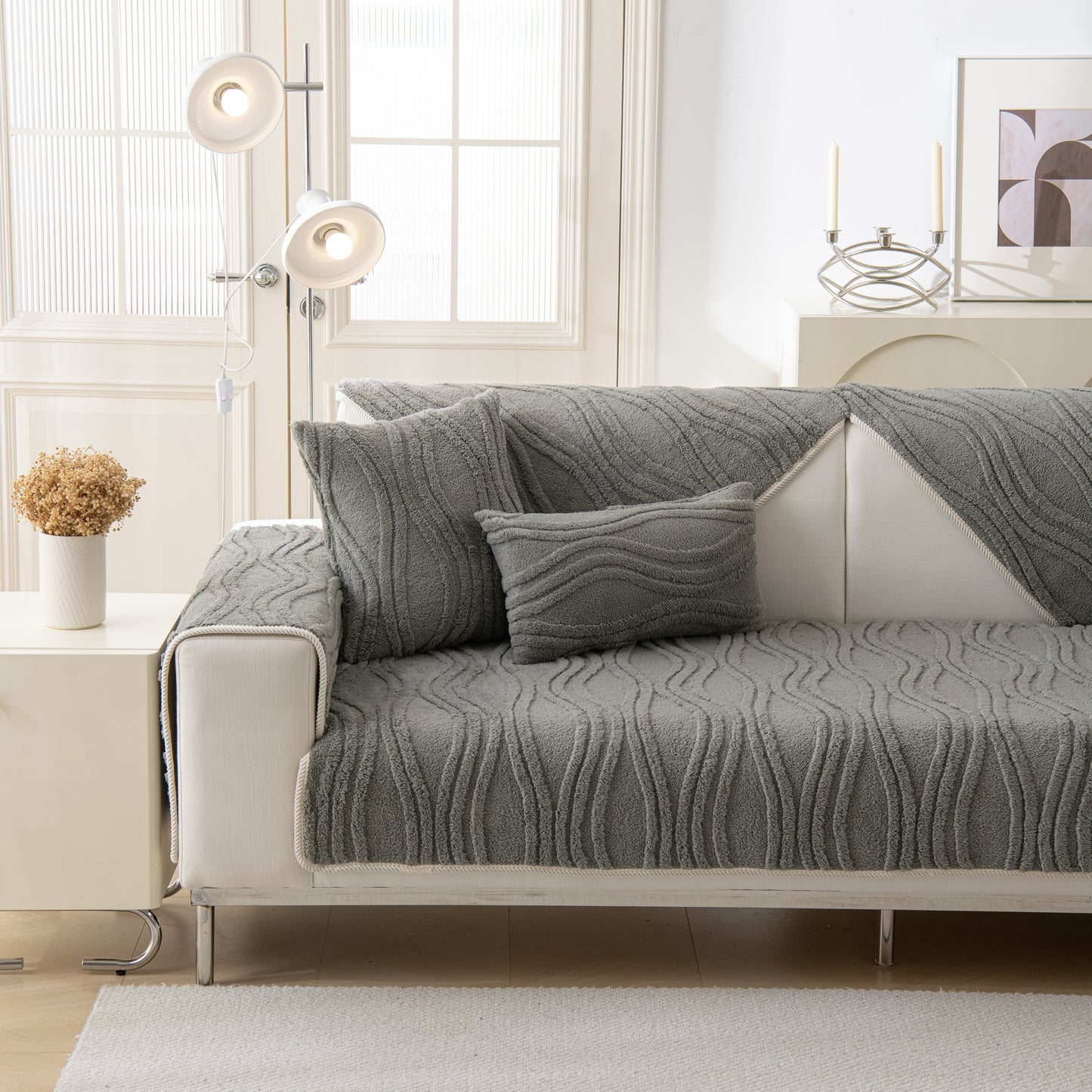 Winter Thickened Non-slip Blanket, Three-Dimensional Embossed Cotton Velvet Sofa Cover on elegant living room sofa.