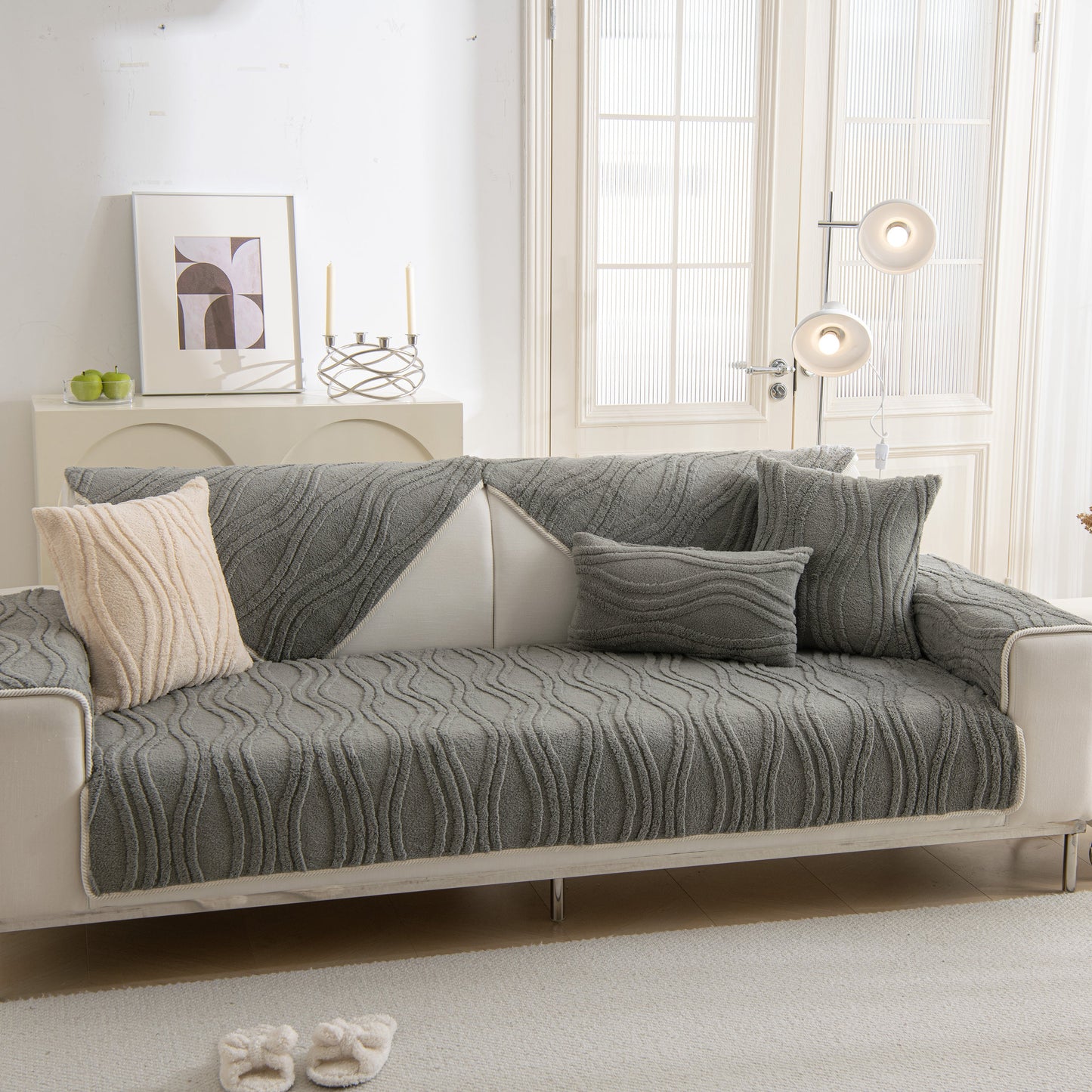 Winter Thickened Non-slip Blanket, Three-Dimensional Embossed Cotton Velvet Sofa Cover on a modern sofa in a cozy living room.