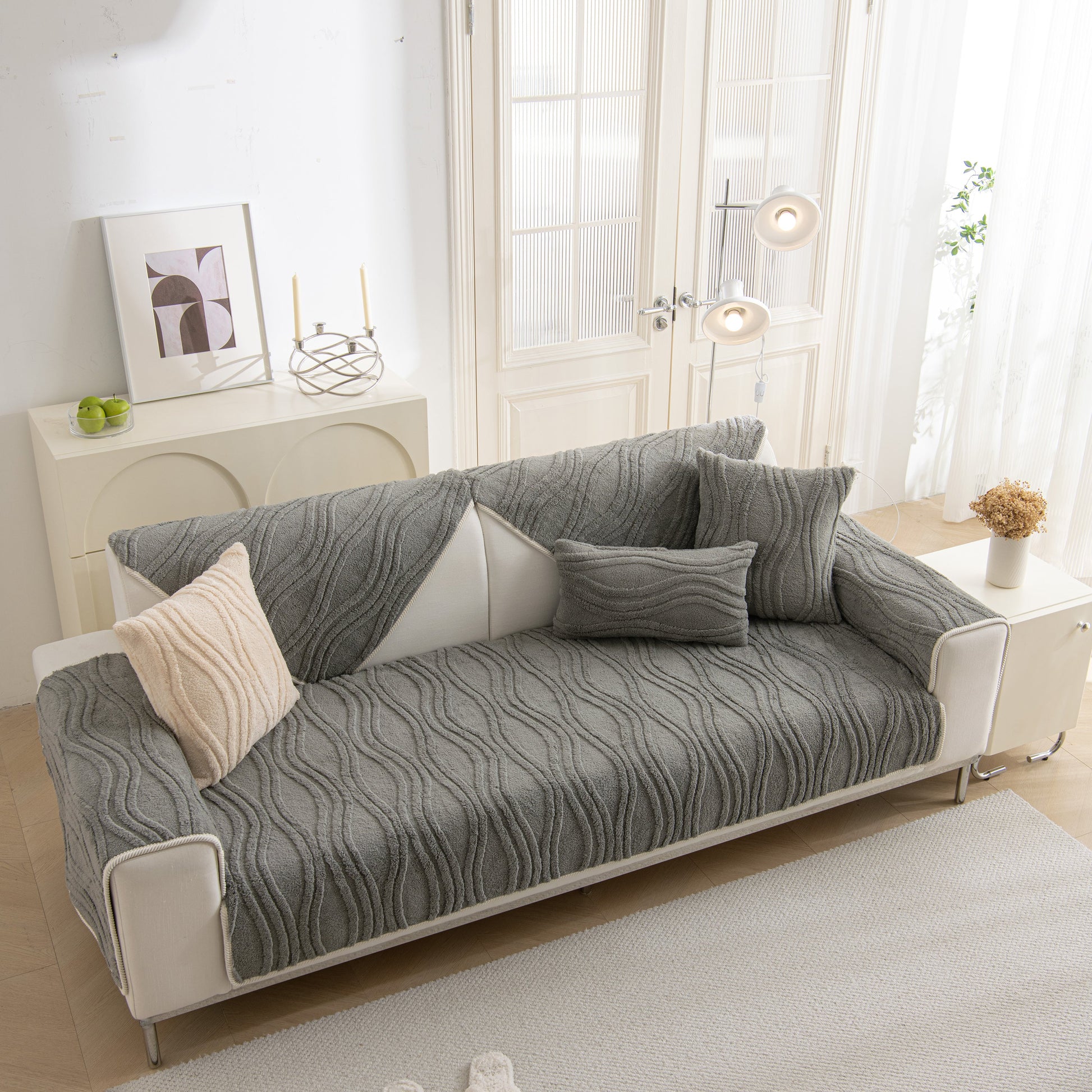 Winter Thickened Non-slip Blanket, Three-Dimensional Embossed Cotton Velvet Sofa Cover on modern white sofa