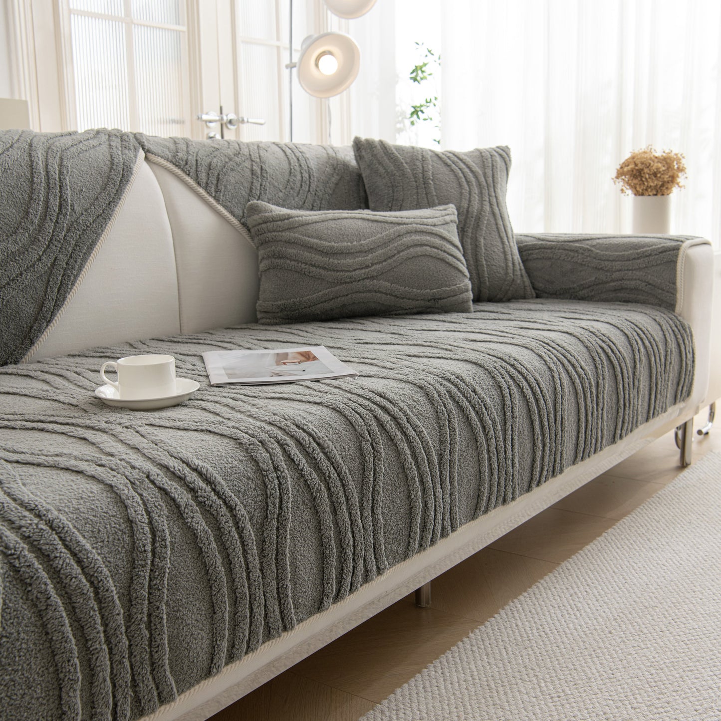 Winter Thickened Non-slip Blanket, Three-Dimensional Embossed Cotton Velvet Sofa Cover on gray sofa