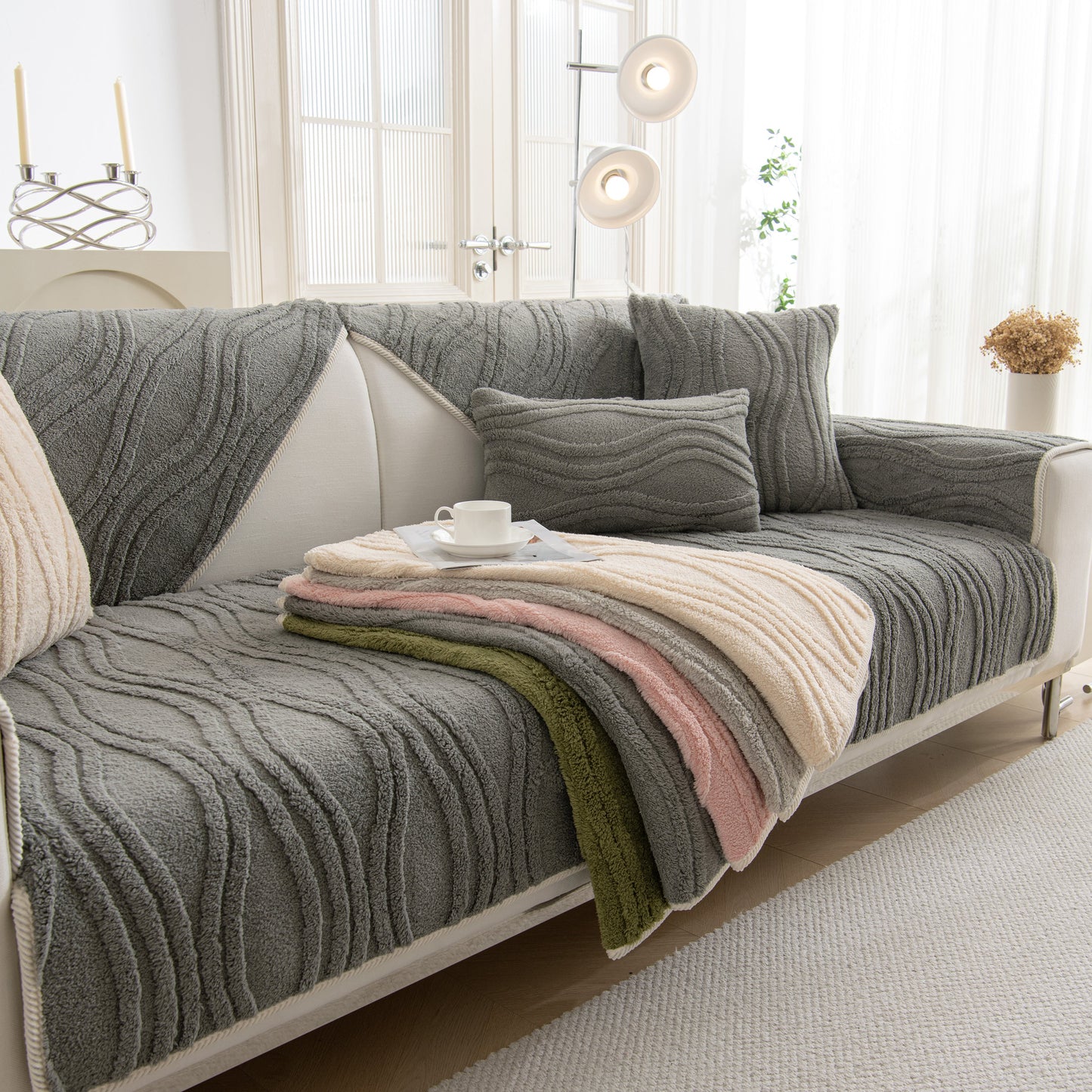 Winter Thickened Non-slip Blanket, Three-Dimensional Embossed Cotton Velvet Sofa Cover on stylish grey couch.