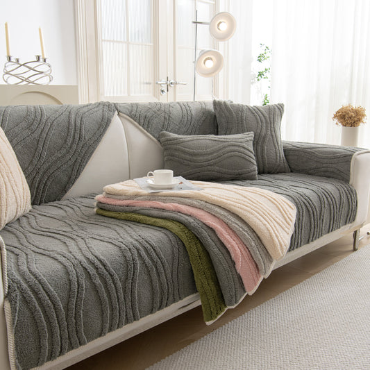 Winter Thickened Non-slip Blanket, Three-Dimensional Embossed Cotton Velvet Sofa Cover on stylish grey couch.