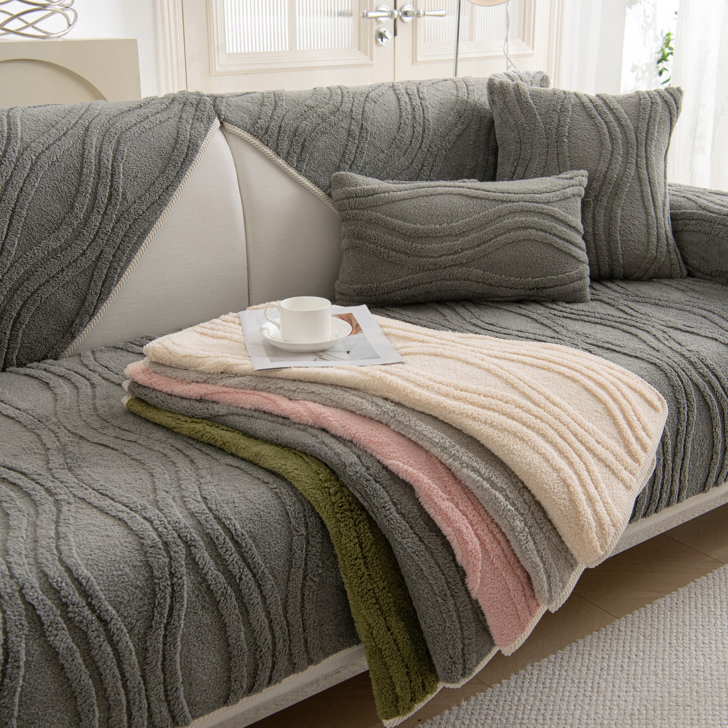 Winter Thickened Non-slip Blanket, Three-Dimensional Embossed Cotton Velvet Sofa Cover on a cozy and stylish living room sofa.