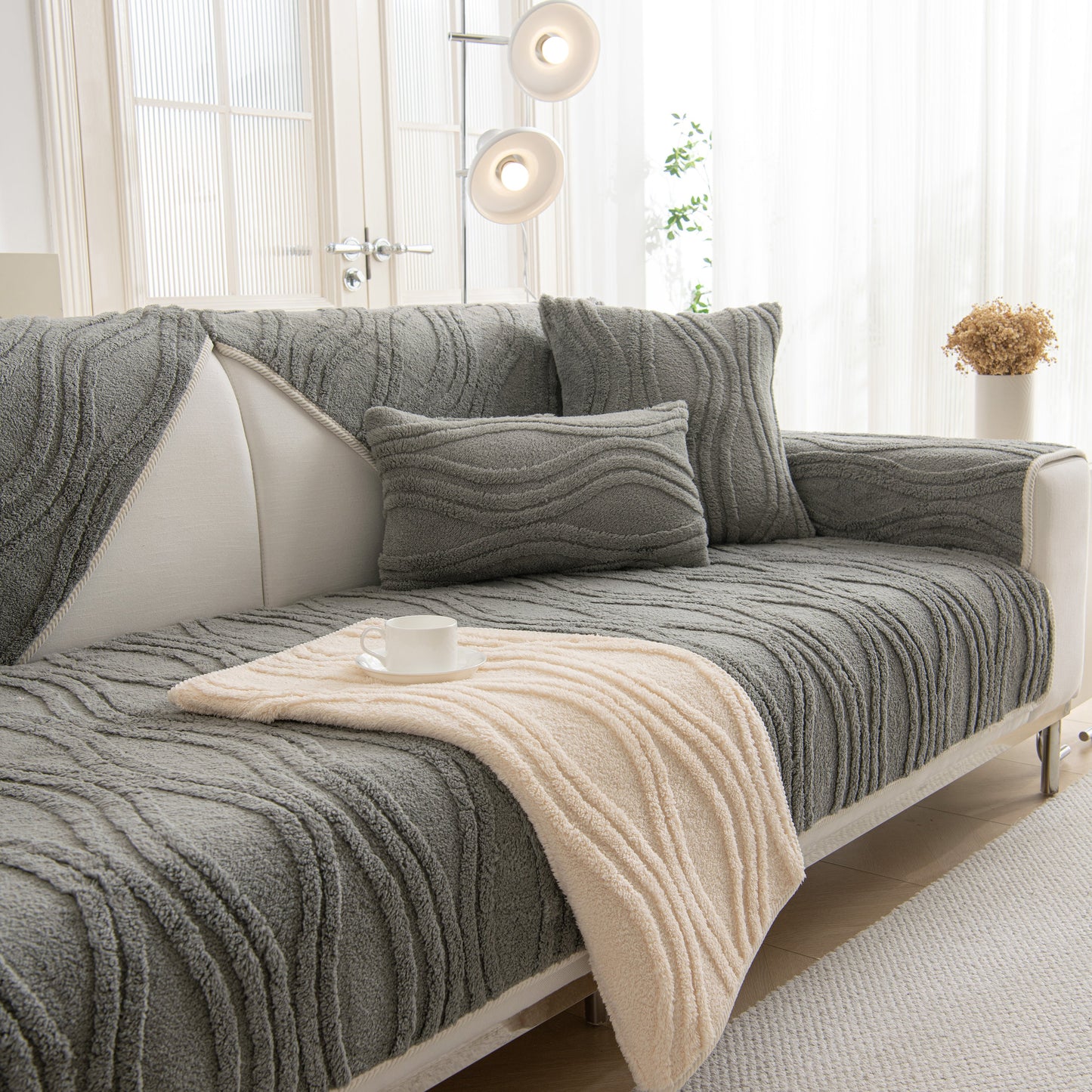 Winter Thickened Non-slip Blanket, Three-Dimensional Embossed Cotton Velvet Sofa Cover in a modern living room