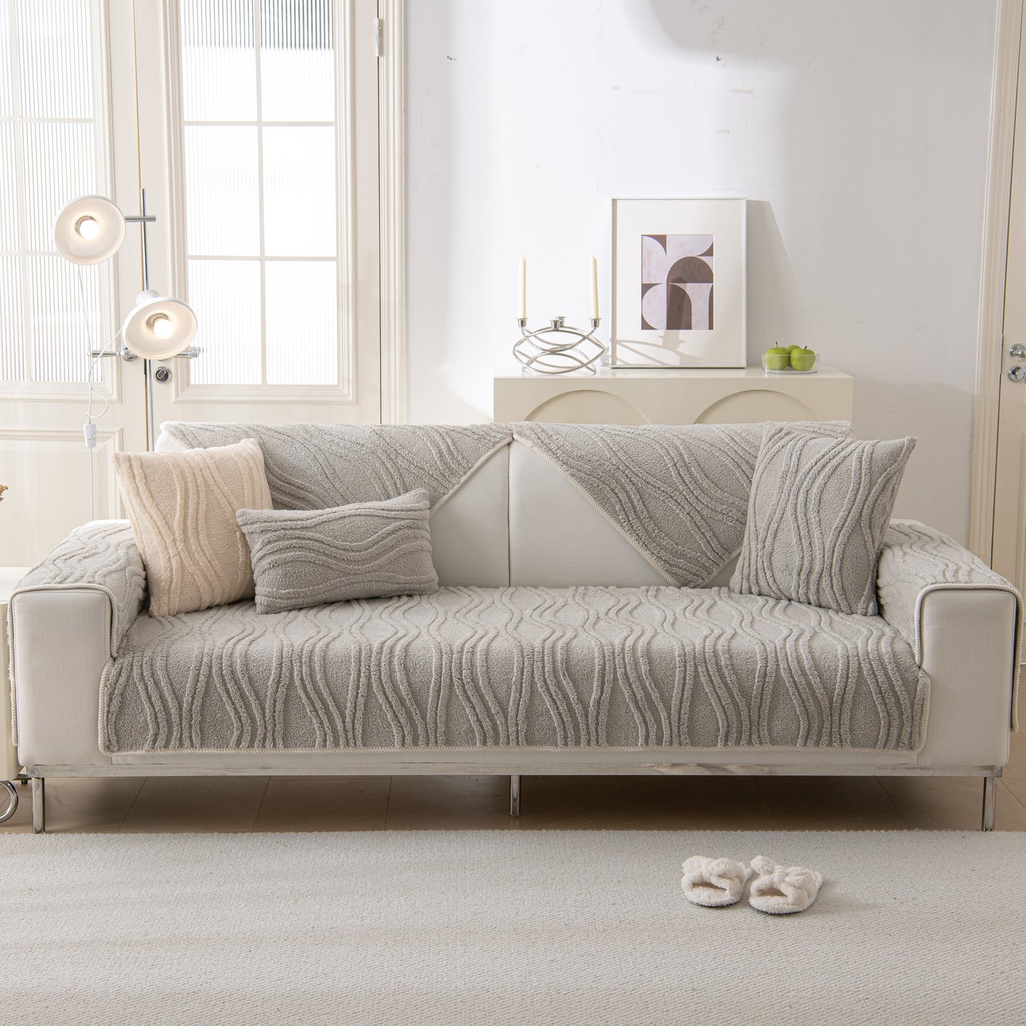 Winter Thickened Non-slip Blanket, Three-Dimensional Embossed Cotton Velvet Sofa Cover on modern living room sofa.