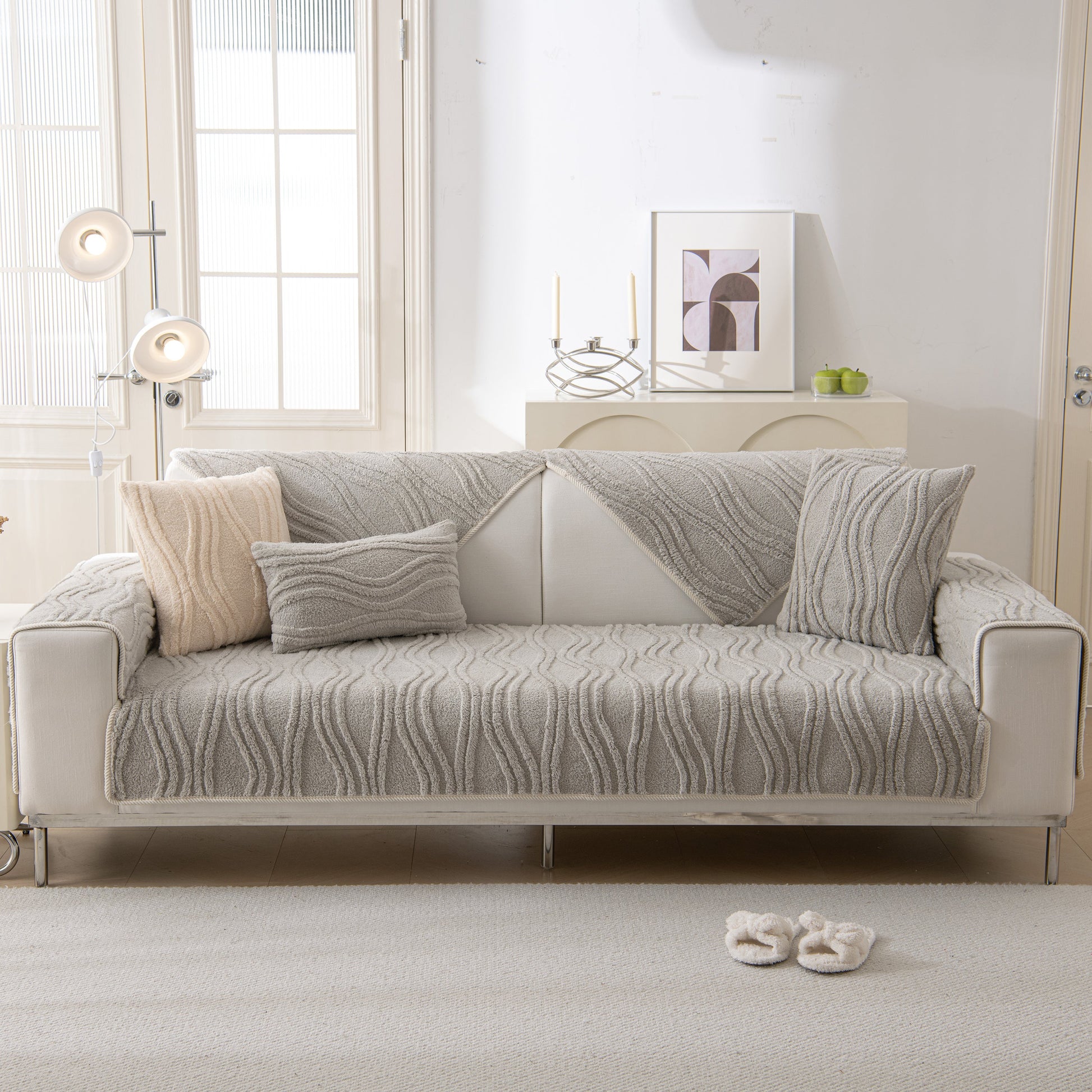 Winter Thickened Non-slip Blanket, Three-Dimensional Embossed Cotton Velvet Sofa Cover on modern living room sofa.