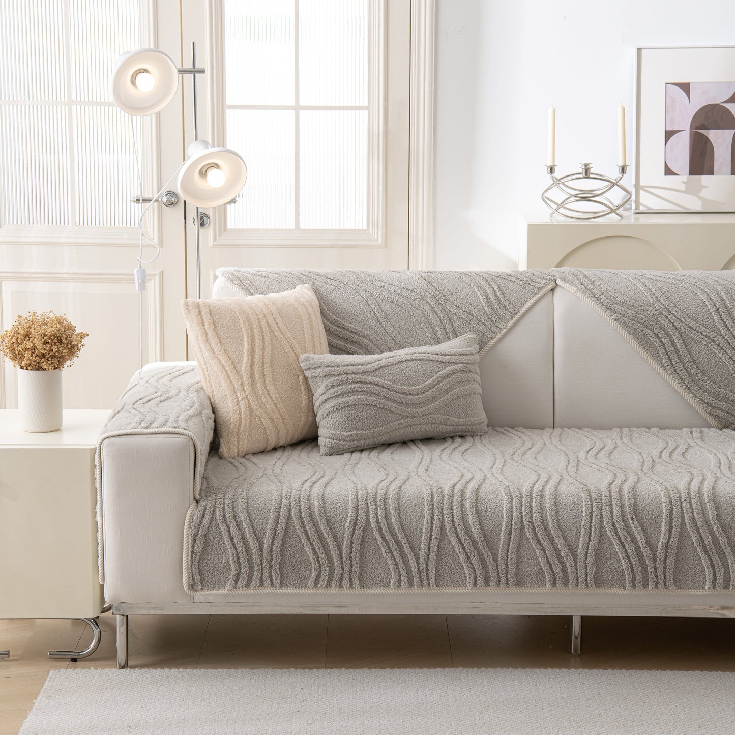 Winter Thickened Non-slip Blanket, Three-Dimensional Embossed Cotton Velvet Sofa Cover on stylish modern sofa.