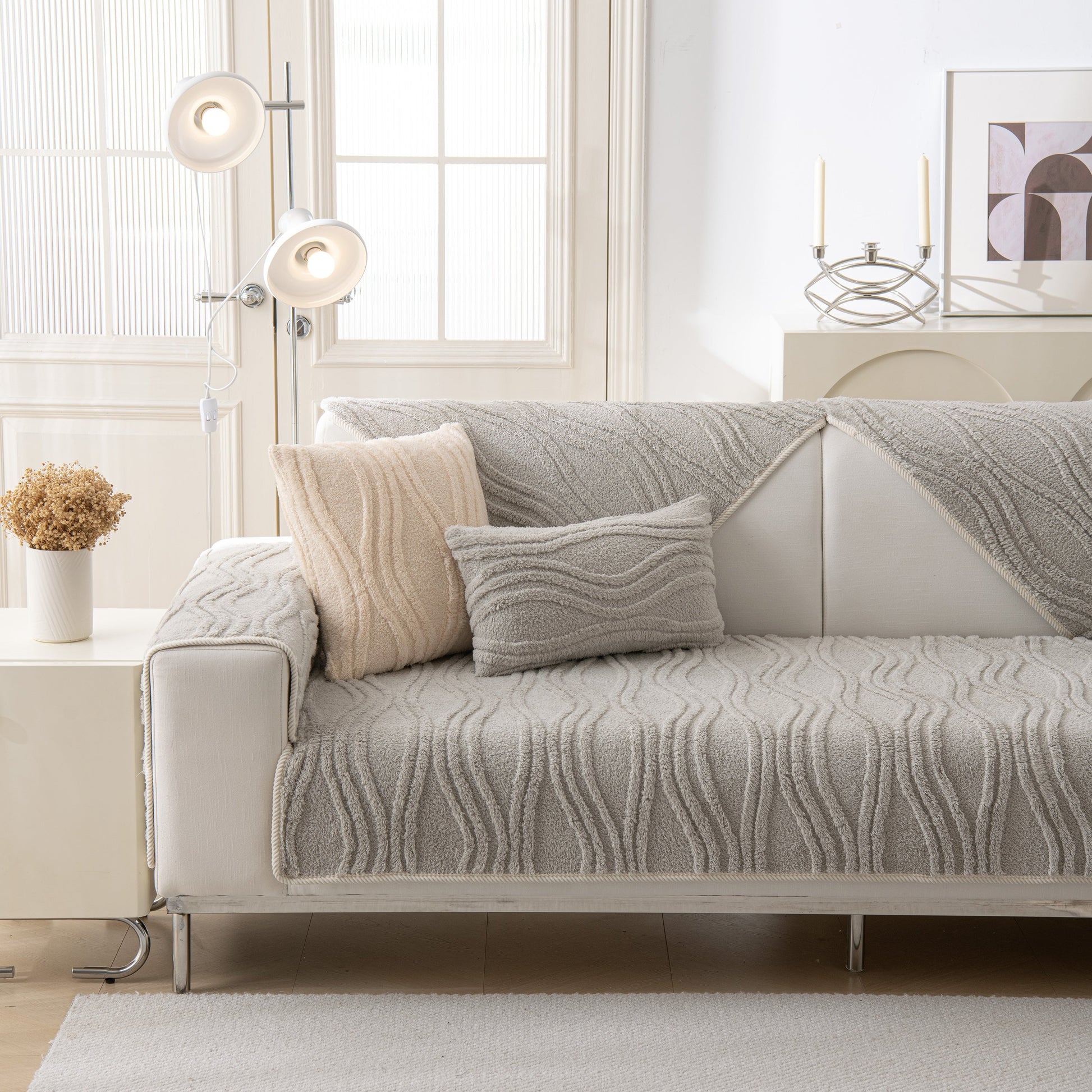 Winter Thickened Non-slip Blanket, Three-Dimensional Embossed Cotton Velvet Sofa Cover on stylish modern sofa.