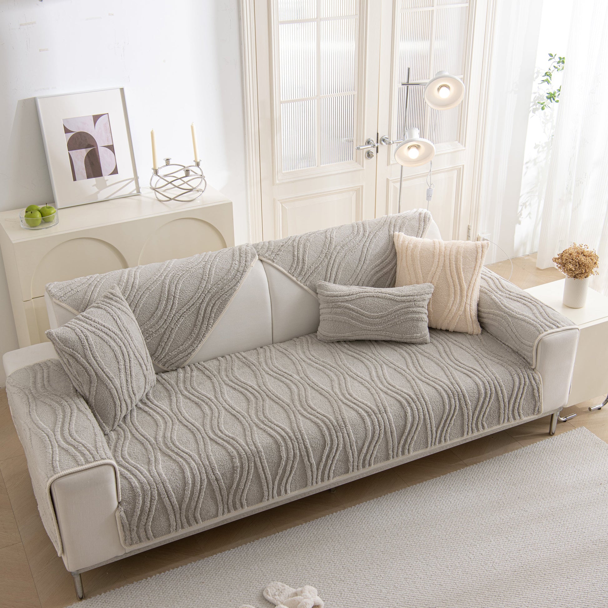 Winter Thickened Non-slip Blanket, Three-Dimensional Embossed Cotton Velvet Sofa Cover on modern white sofa.