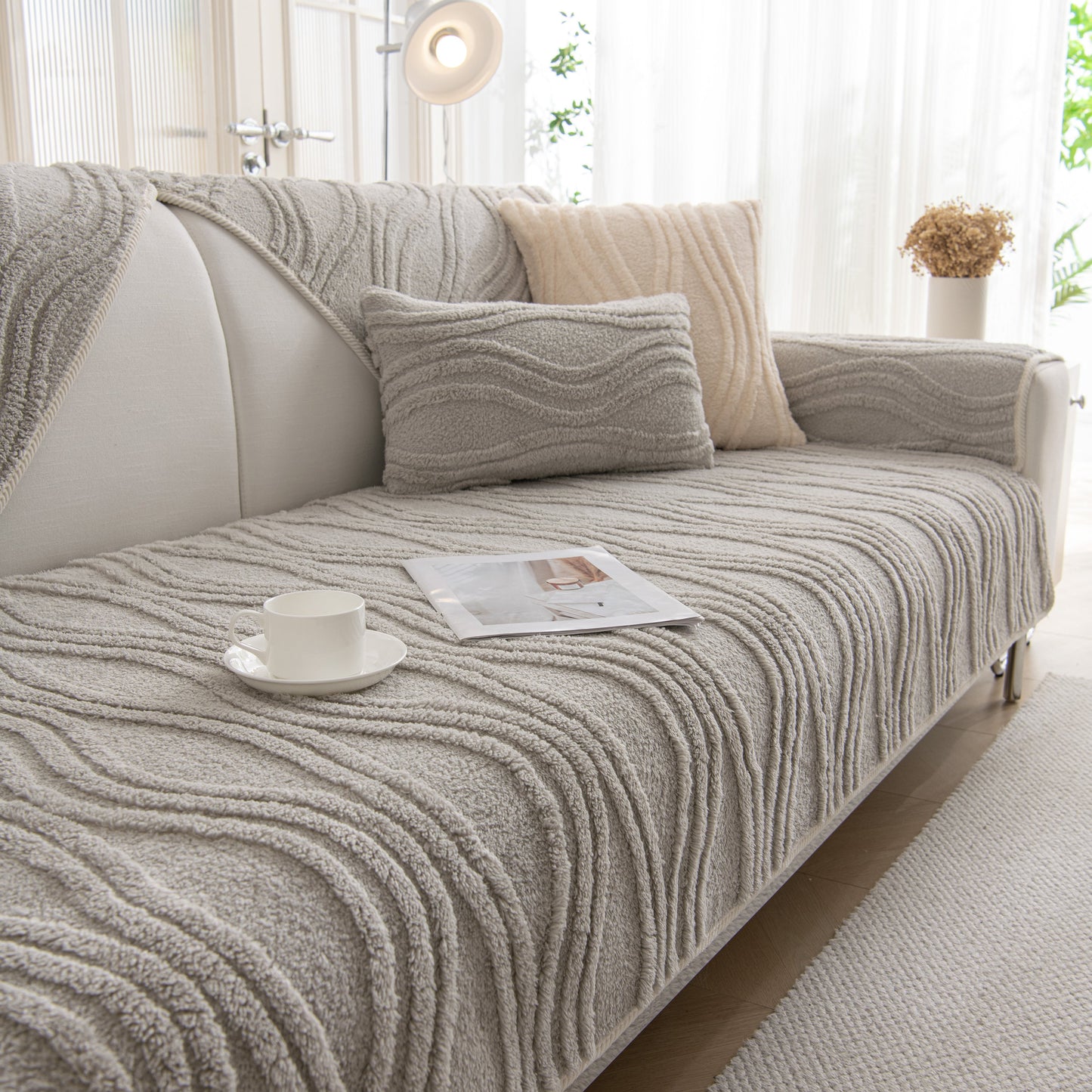 Winter Thickened Non-slip Blanket, Three-Dimensional Embossed Cotton Velvet Sofa Cover on a cozy living room sofa