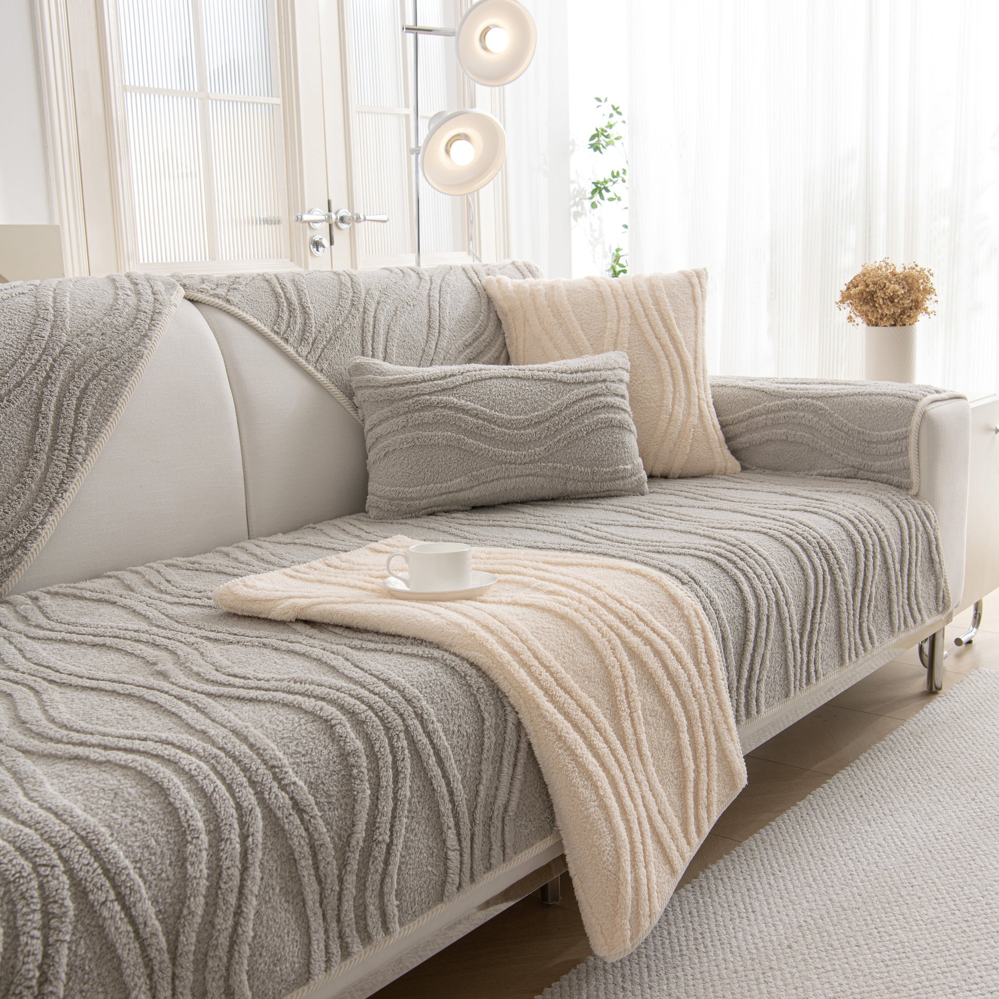Winter Thickened Non-slip Blanket, Three-Dimensional Embossed Cotton Velvet Sofa Cover on a modern sofa