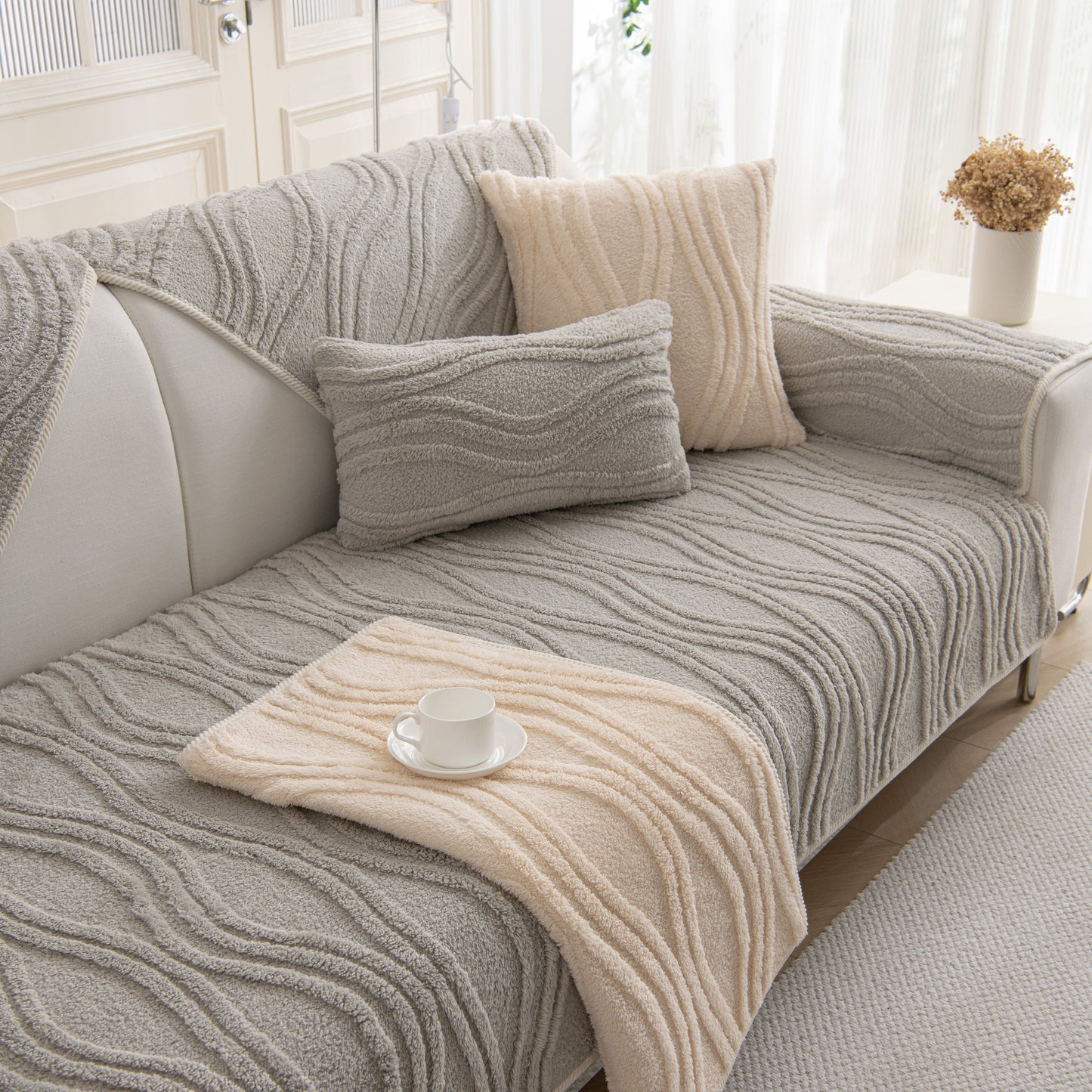 Winter Thickened Non-slip Blanket, Three-Dimensional Embossed Cotton Velvet Sofa Cover in a cozy living room setting.