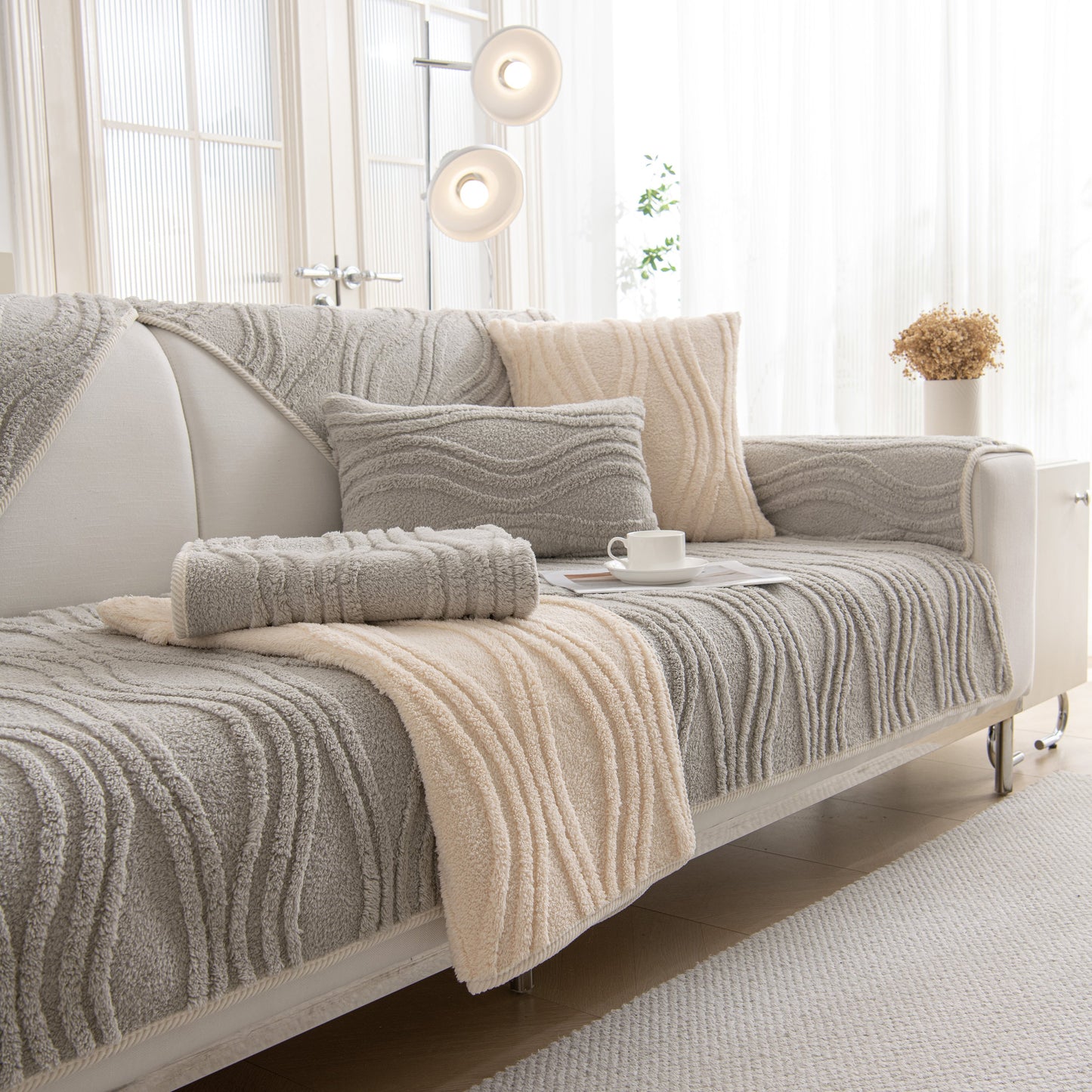 Winter Thickened Non-slip Blanket, Three-Dimensional Embossed Cotton Velvet Sofa Cover enhancing a cozy living room setup