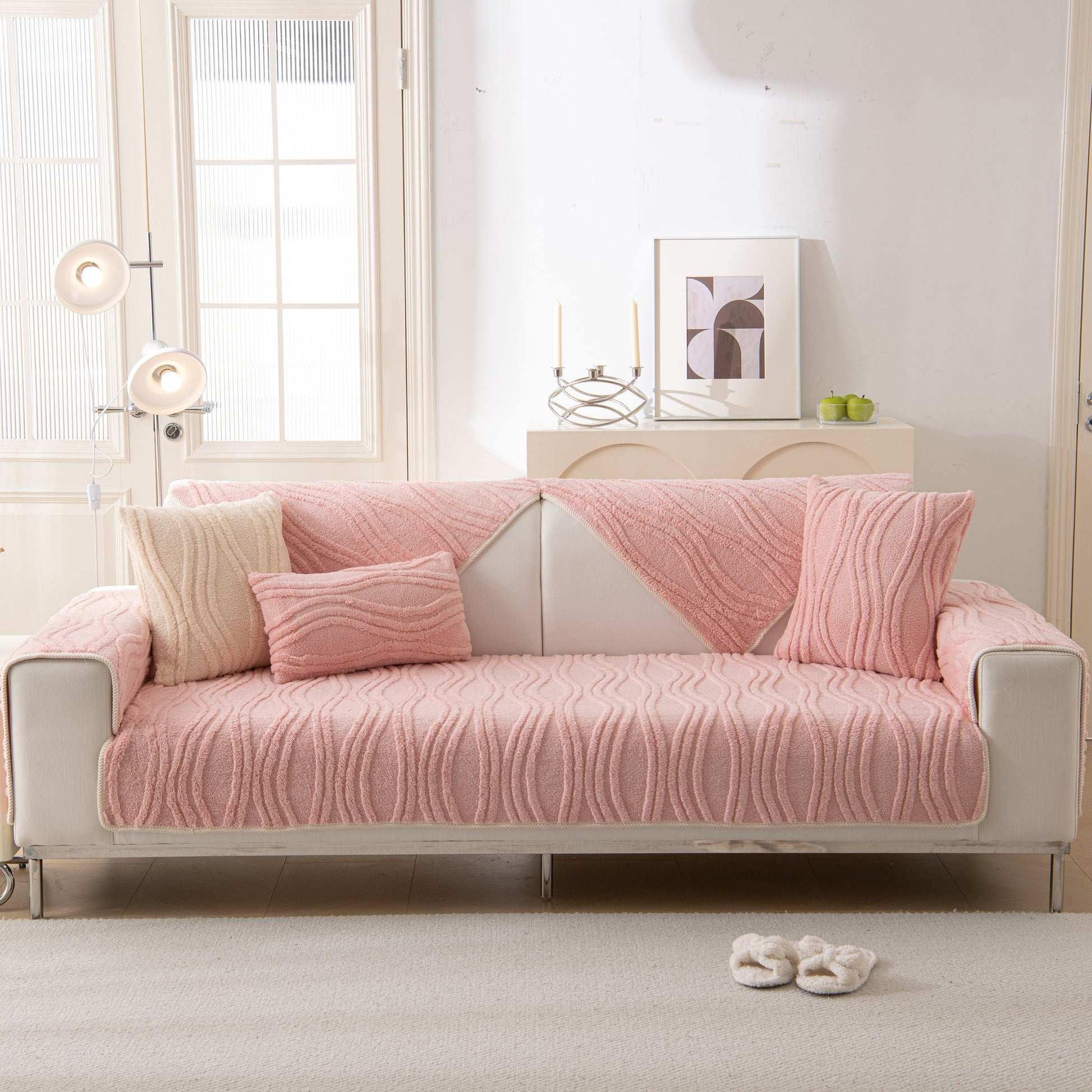 Winter Thickened Non-slip Blanket, Three-Dimensional Embossed Cotton Velvet Sofa Cover in a cozy living room setting.