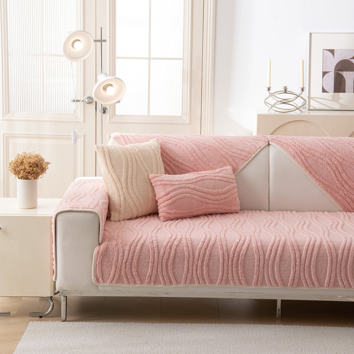 Winter Thickened Non-slip Blanket, Three-Dimensional Embossed Cotton Velvet Sofa Cover in a cozy living room setting