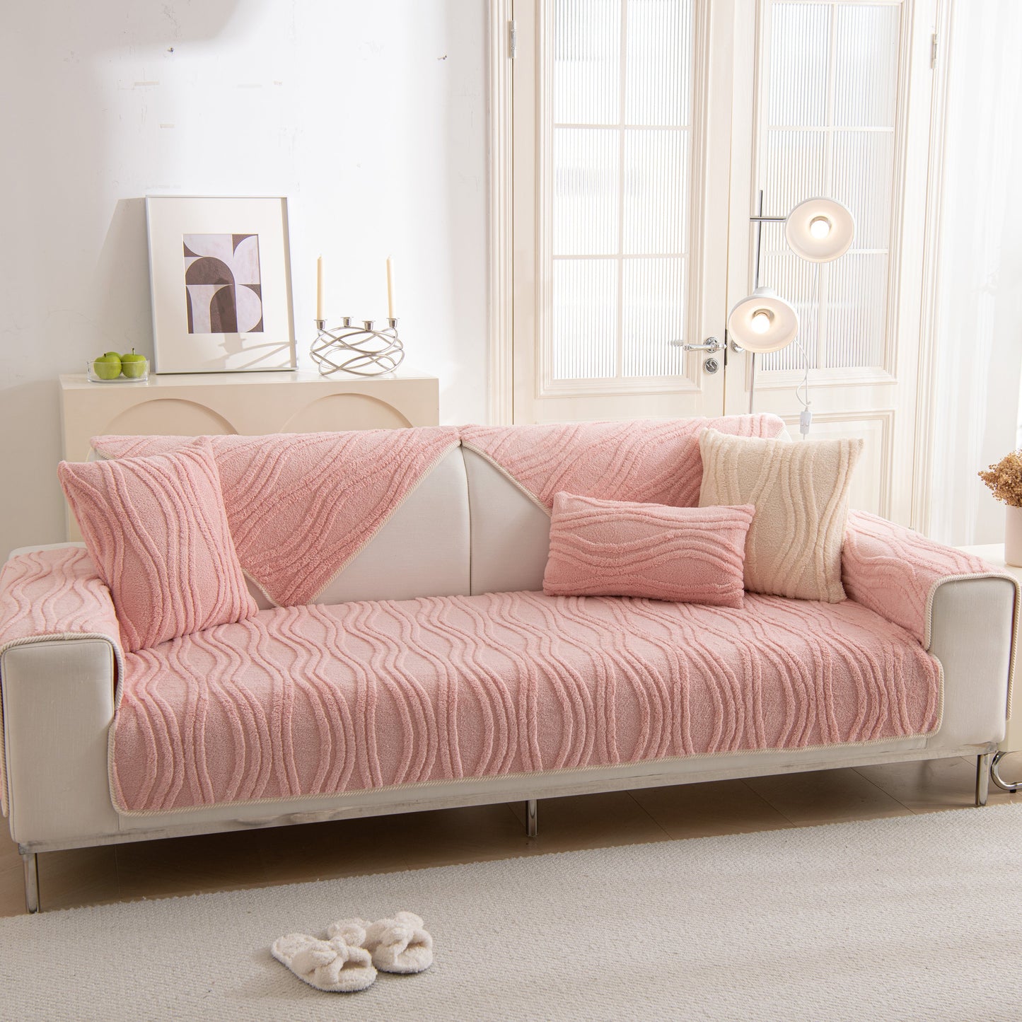 Winter Thickened Non-slip Blanket, Three-Dimensional Embossed Cotton Velvet Sofa Cover in a cozy living room setting.