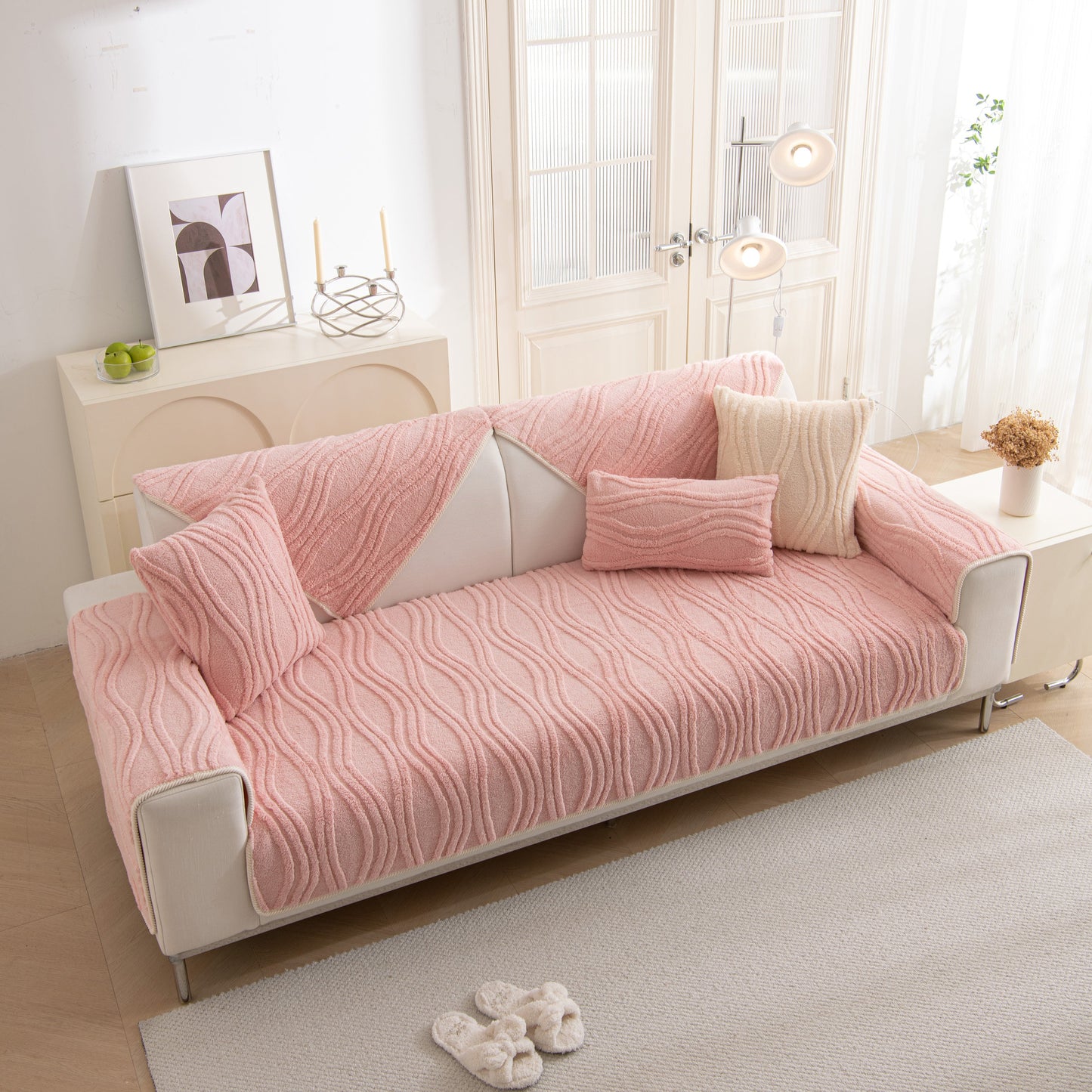 Winter Thickened Non-slip Blanket, Three-Dimensional Embossed Cotton Velvet Sofa Cover in a cozy living room setting.