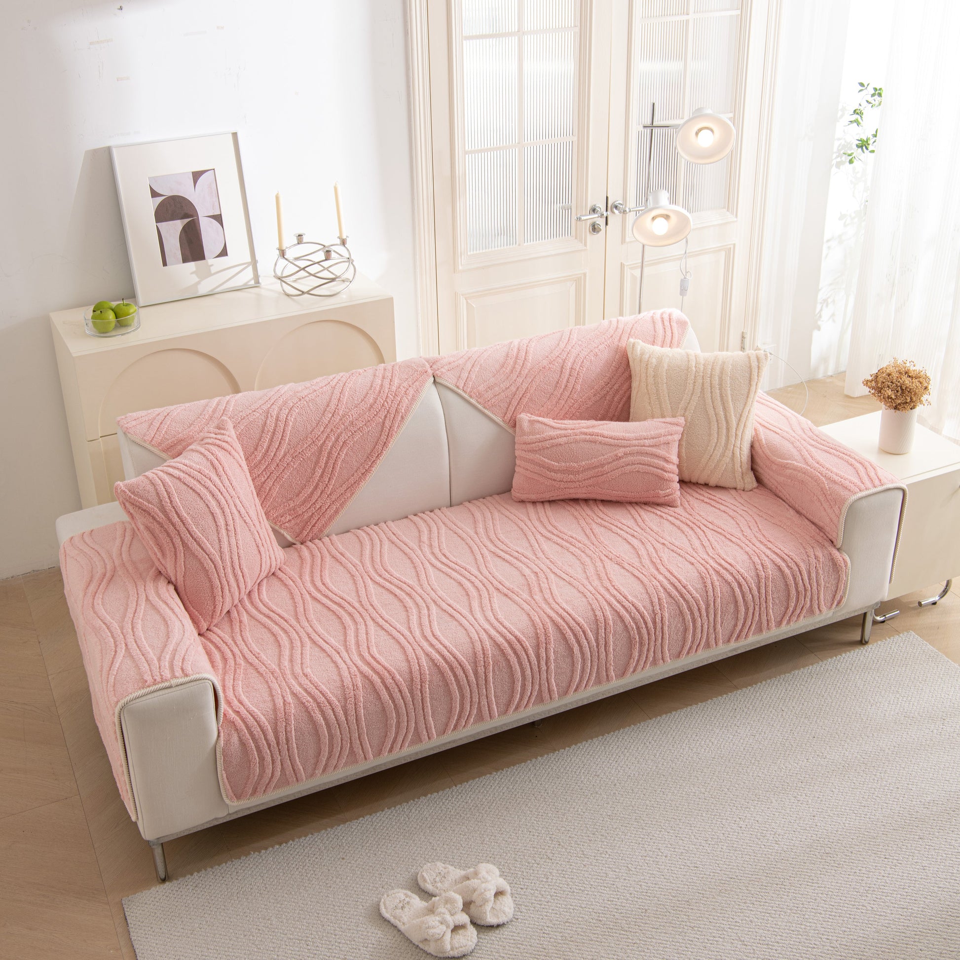 Winter Thickened Non-slip Blanket, Three-Dimensional Embossed Cotton Velvet Sofa Cover in a cozy living room setting.