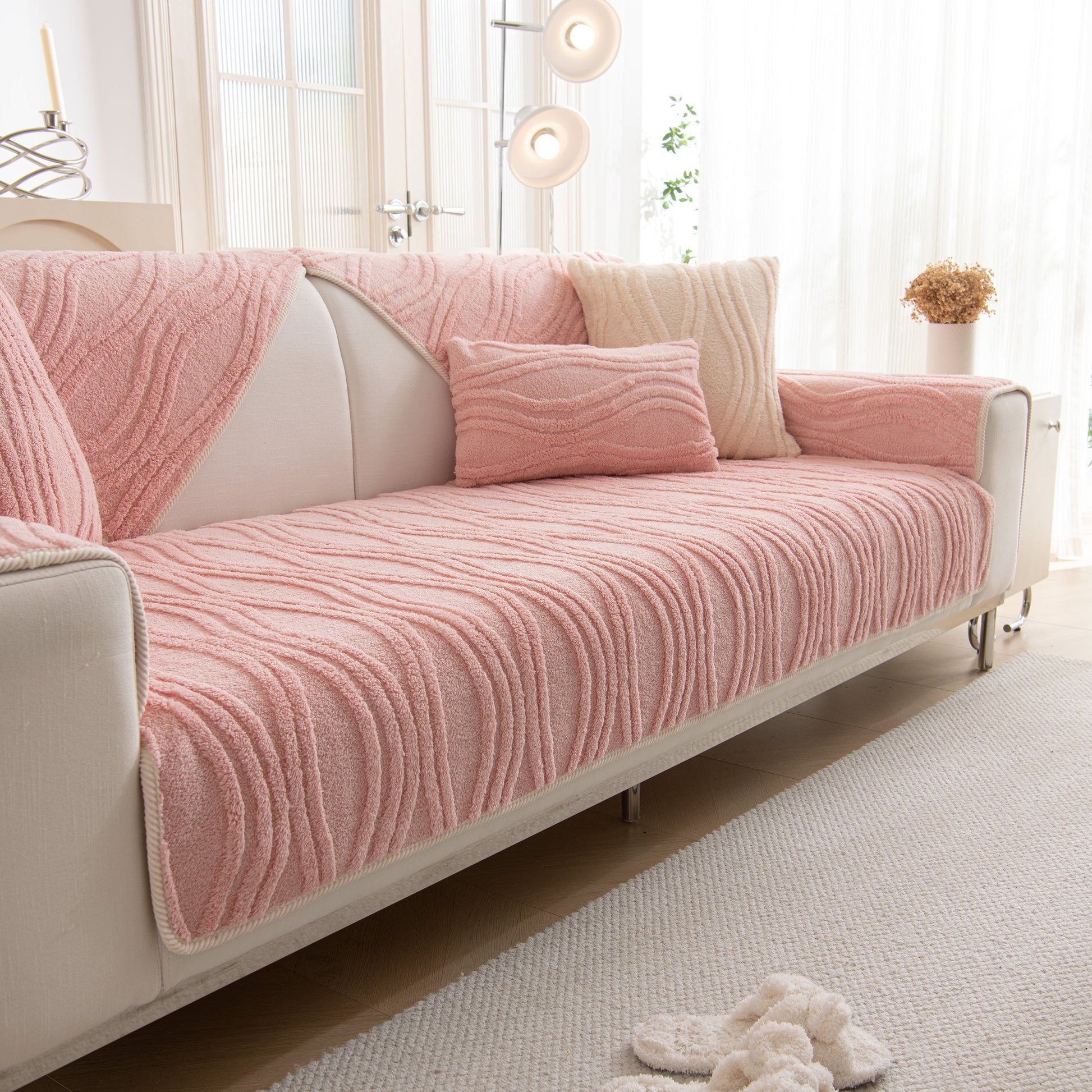 Winter Thickened Non-slip Blanket, Three-Dimensional Embossed Cotton Velvet Sofa Cover on a modern sofa in a cozy room setting