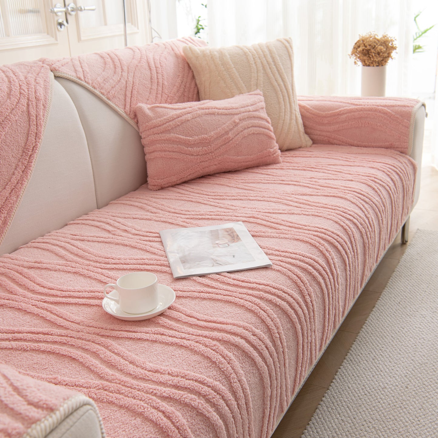 Winter Thickened Non-slip Blanket, Three-Dimensional Embossed Cotton Velvet Sofa Cover in a cozy living room setting with decor.