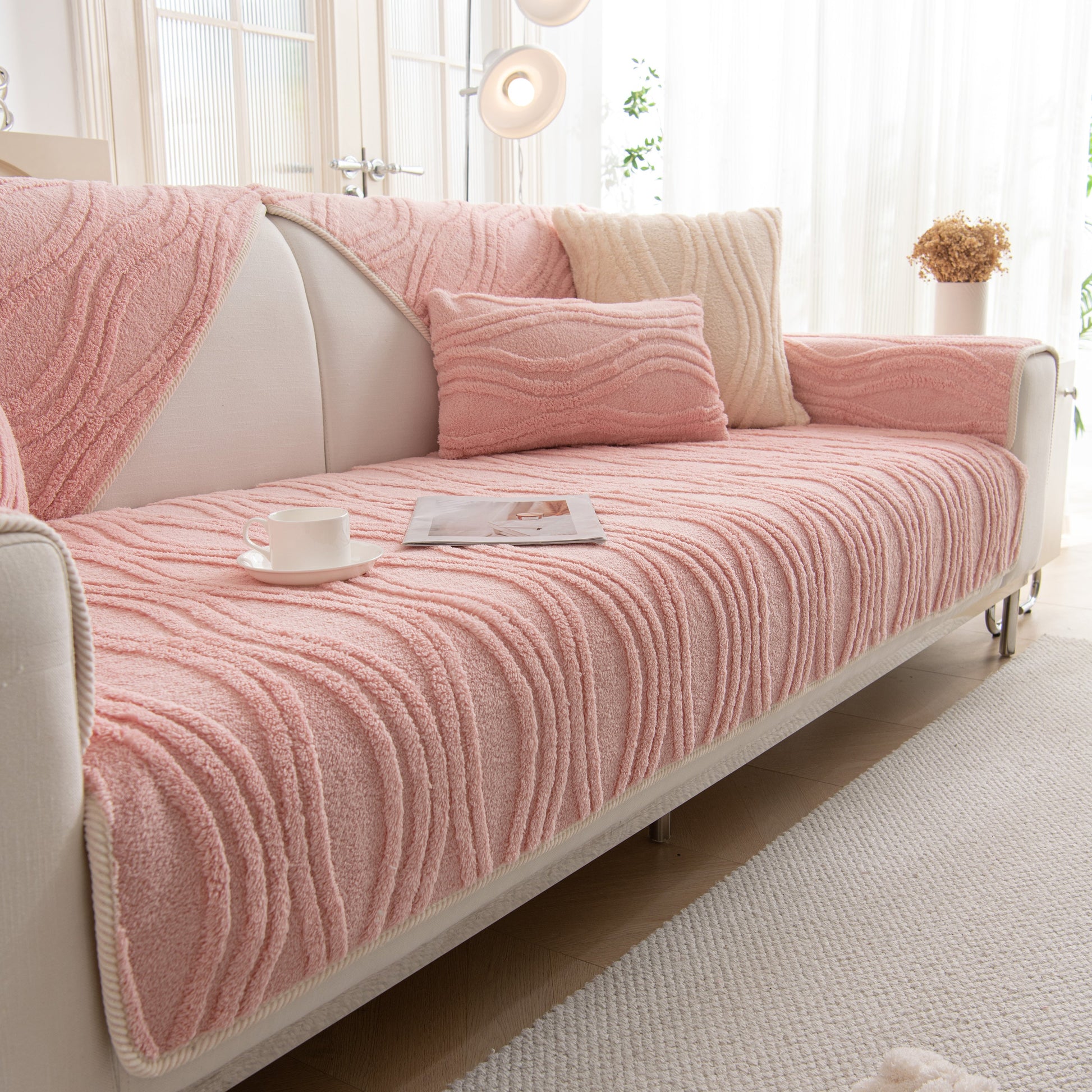 Winter Thickened Non-slip Blanket, Three-Dimensional Embossed Cotton Velvet Sofa Cover in pink on white sofa