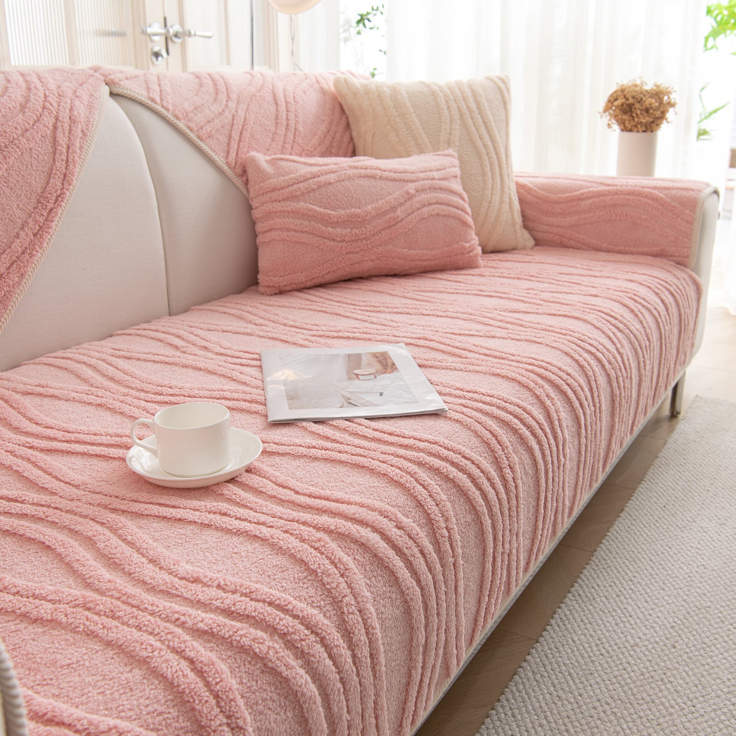 Winter Thickened Non-slip Blanket, Three-Dimensional Embossed Cotton Velvet Sofa Cover in a cozy living room setting with coffee cup.