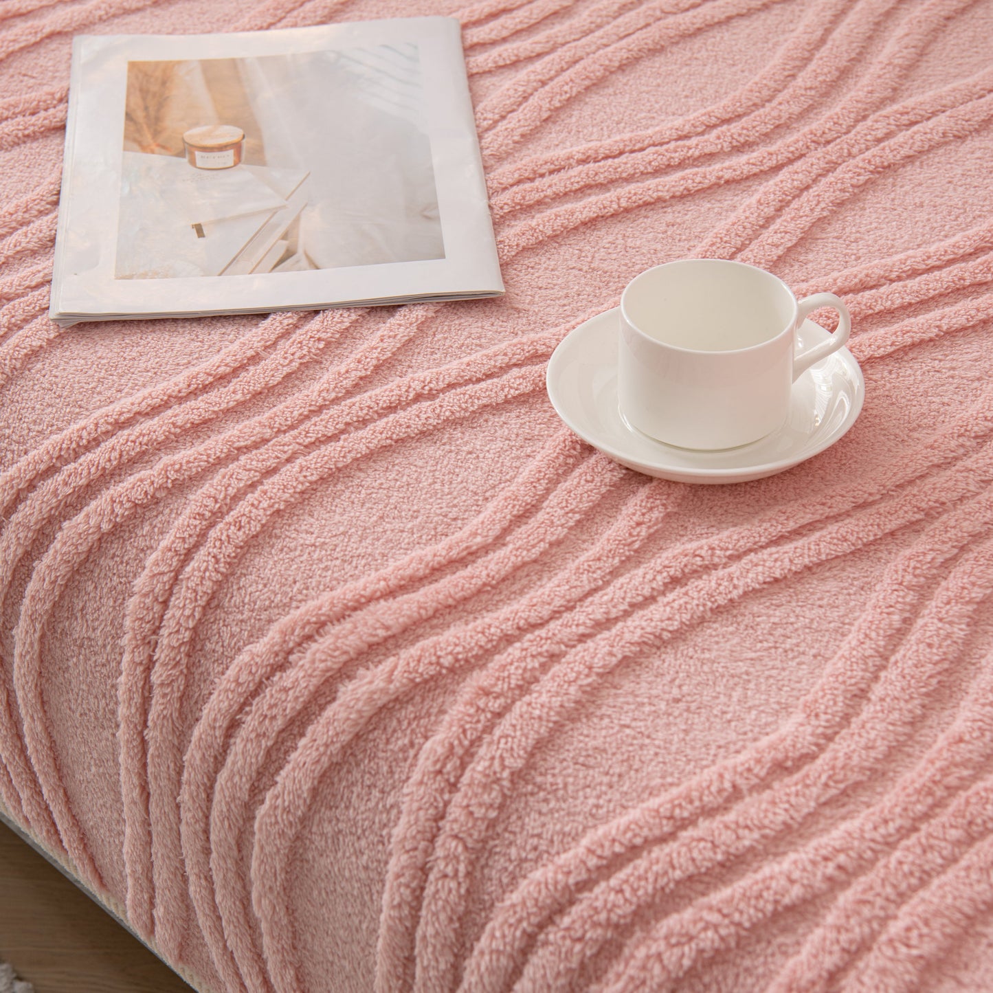 Winter Thickened Non-slip Blanket, Three-Dimensional Embossed Cotton Velvet Sofa Cover with coffee cup and magazine.