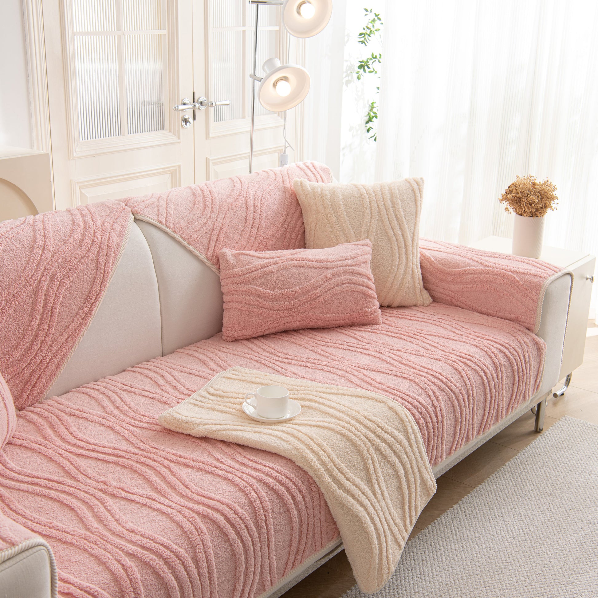 Winter Thickened Non-slip Blanket, Three-Dimensional Embossed Cotton Velvet Sofa Cover on elegant sofa setup.