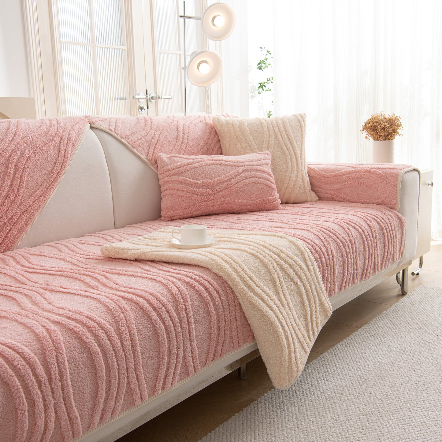 Winter Thickened Non-slip Blanket, Three-Dimensional Embossed Cotton Velvet Sofa Cover displayed on a beige sofa.