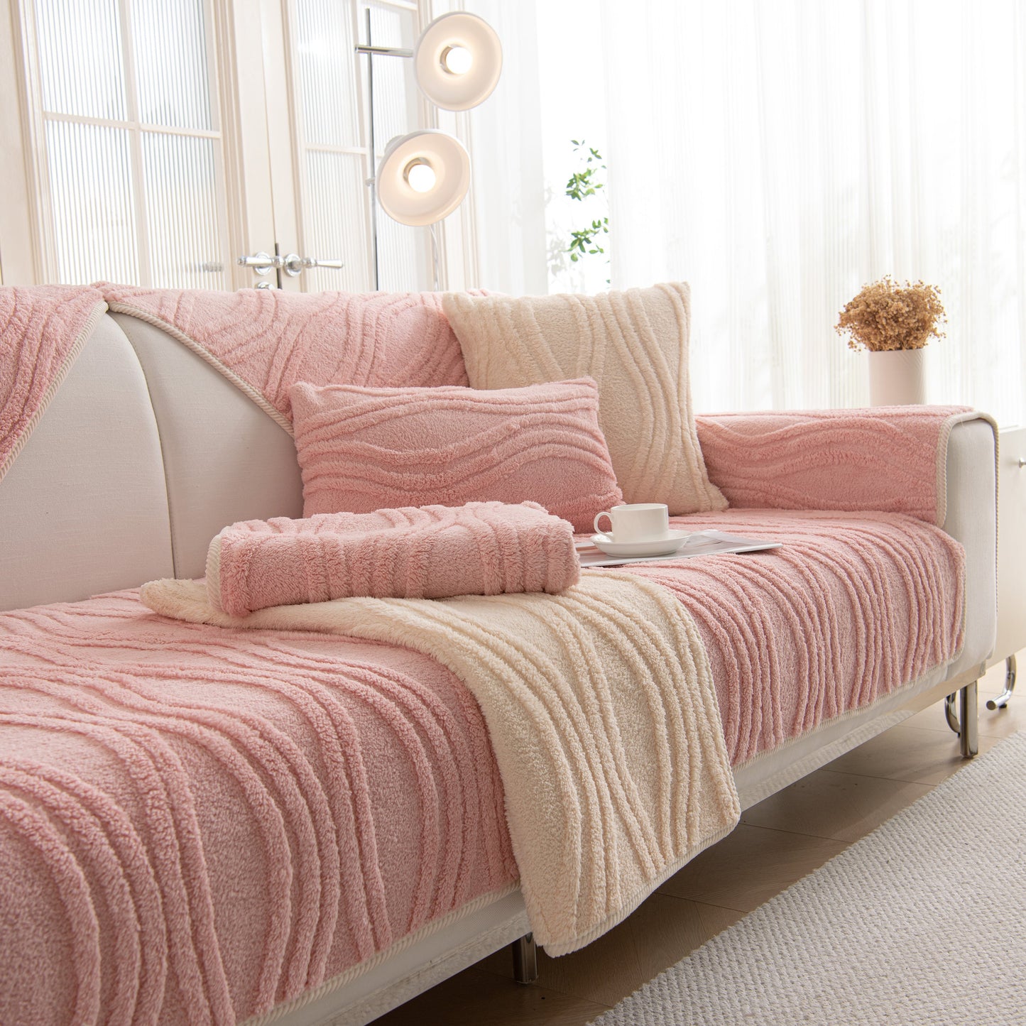 Winter Thickened Non-slip Blanket, Three-Dimensional Embossed Cotton Velvet Sofa Cover on a modern sofa with cup and cushions.