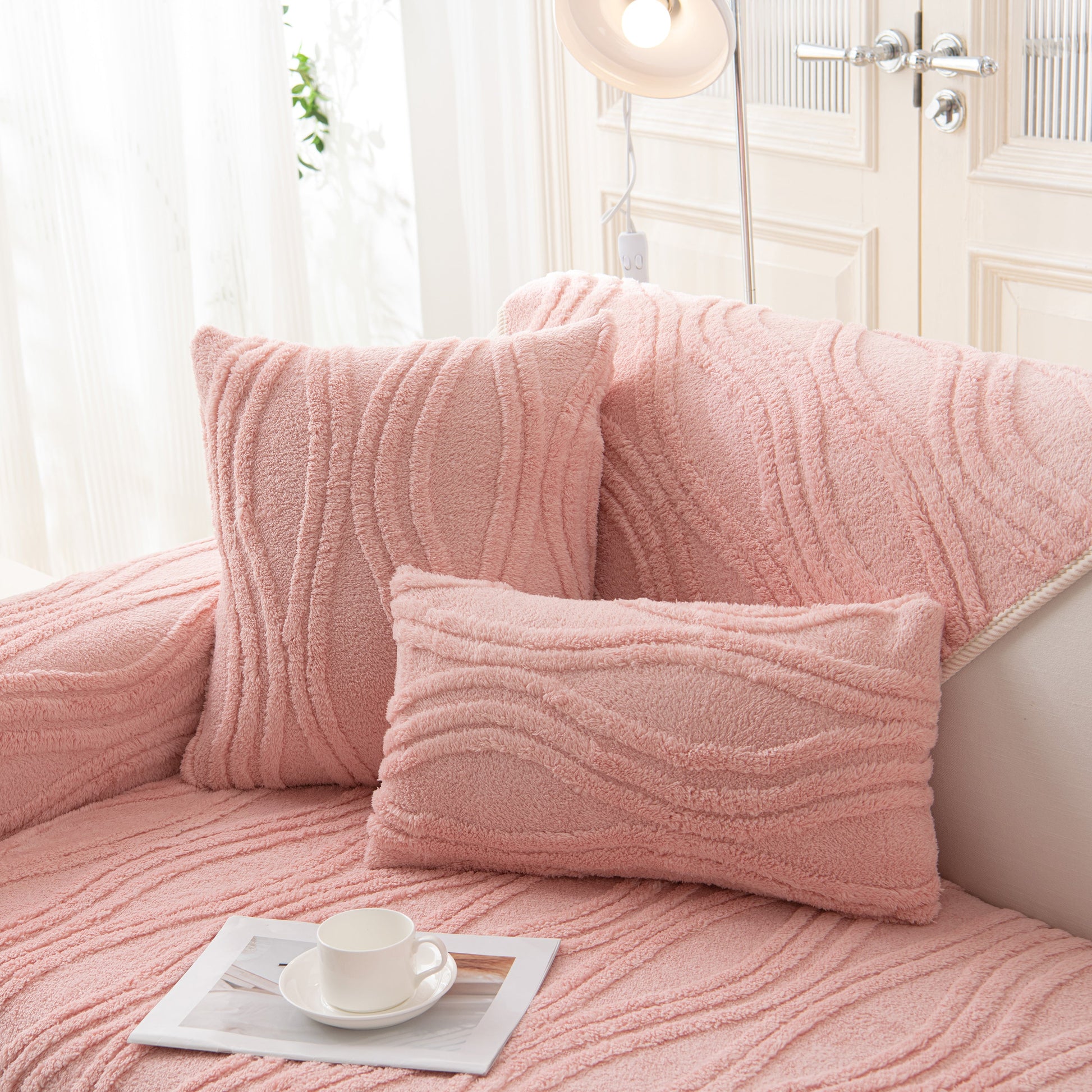 Winter Thickened Non-slip Blanket, Three-Dimensional Embossed Cotton Velvet Sofa Cover in a cozy living room setting.