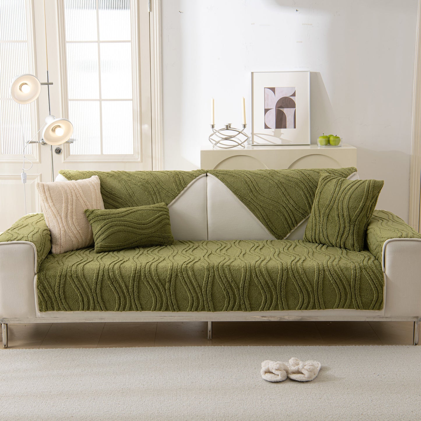 Green Winter Thickened Non-slip Blanket, Three-Dimensional Embossed Cotton Velvet Sofa Cover on modern sofa with pillows.