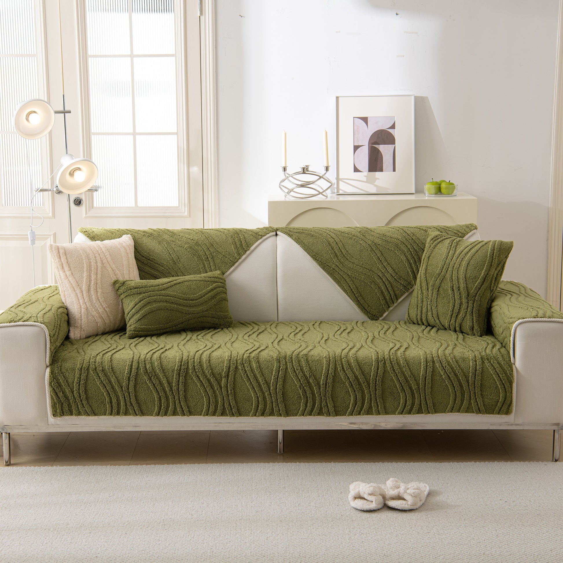 Green Winter Thickened Non-slip Blanket, Three-Dimensional Embossed Cotton Velvet Sofa Cover on modern sofa with pillows.