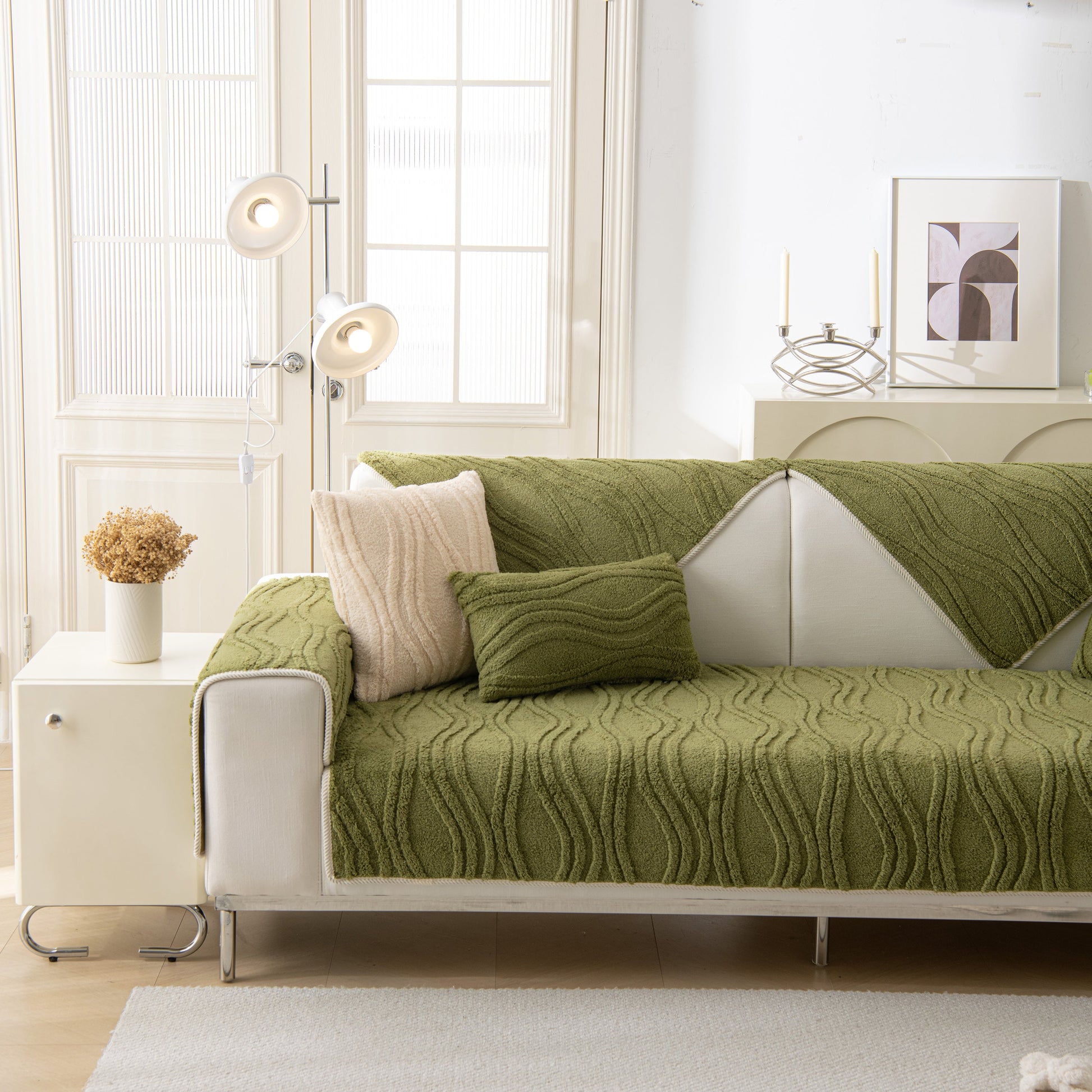 Winter Thickened Non-slip Blanket, Three-Dimensional Embossed Cotton Velvet Sofa Cover on a sofa in a cozy living room setting