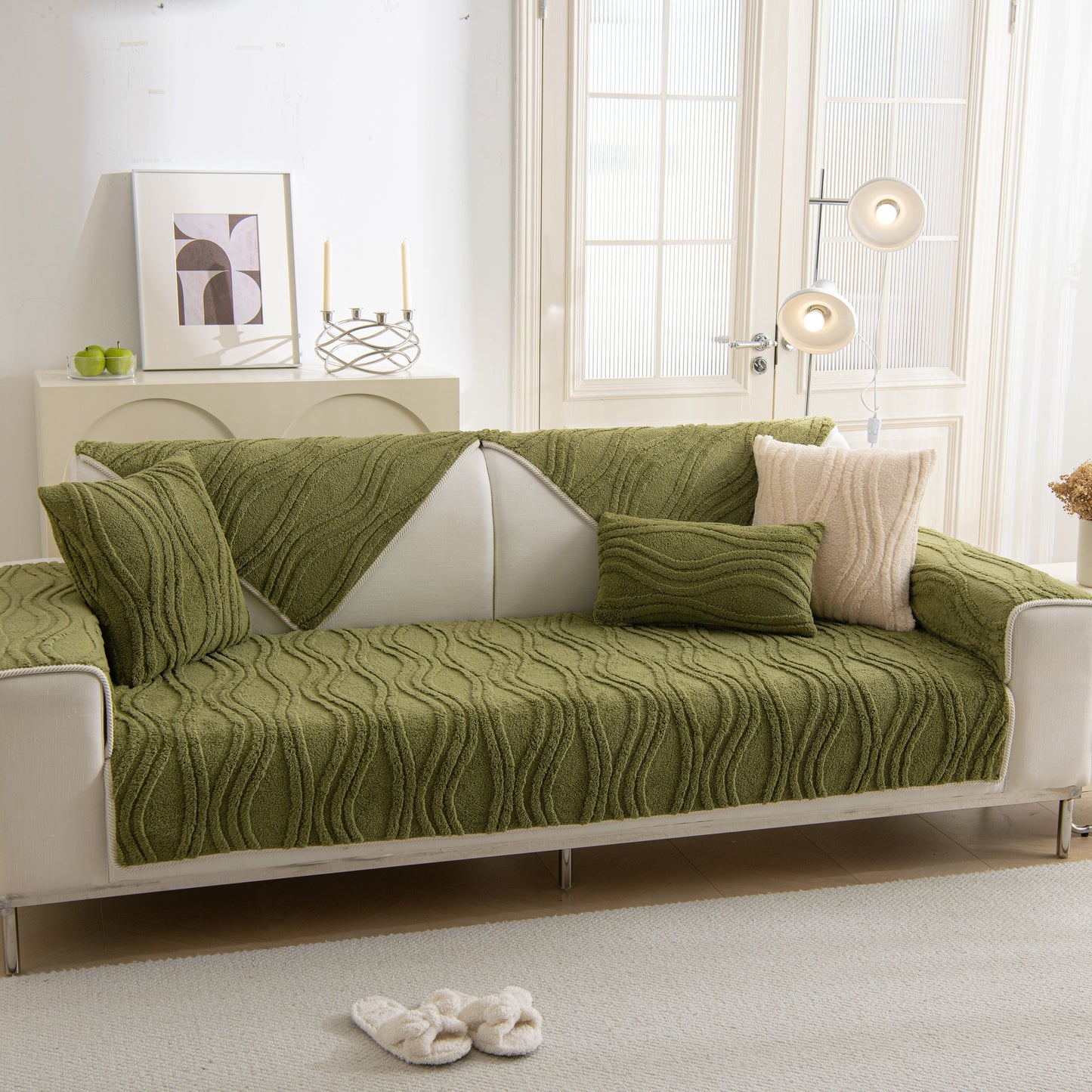 Green Winter Thickened Non-slip Blanket, Three-Dimensional Embossed Cotton Velvet Sofa Cover on a white sofa in a modern living room