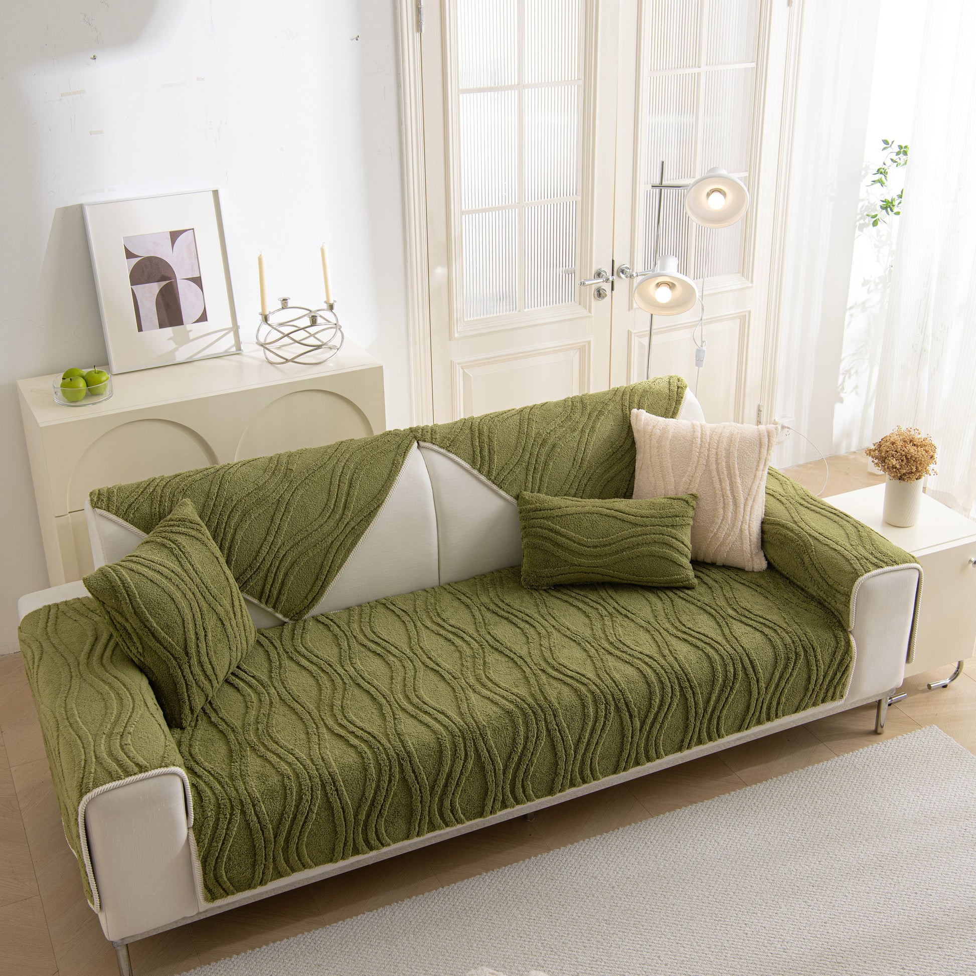 Winter Thickened Non-slip Blanket, Three-Dimensional Embossed Cotton Velvet Sofa Cover on a white sofa in a bright room.