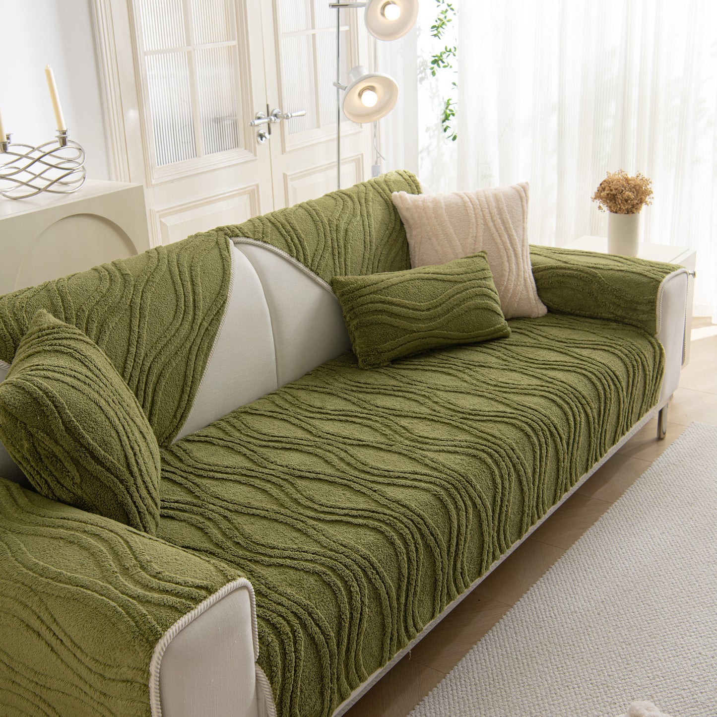 Winter Thickened Non-slip Blanket, Three-Dimensional Embossed Cotton Velvet Sofa Cover in cozy living room setting.