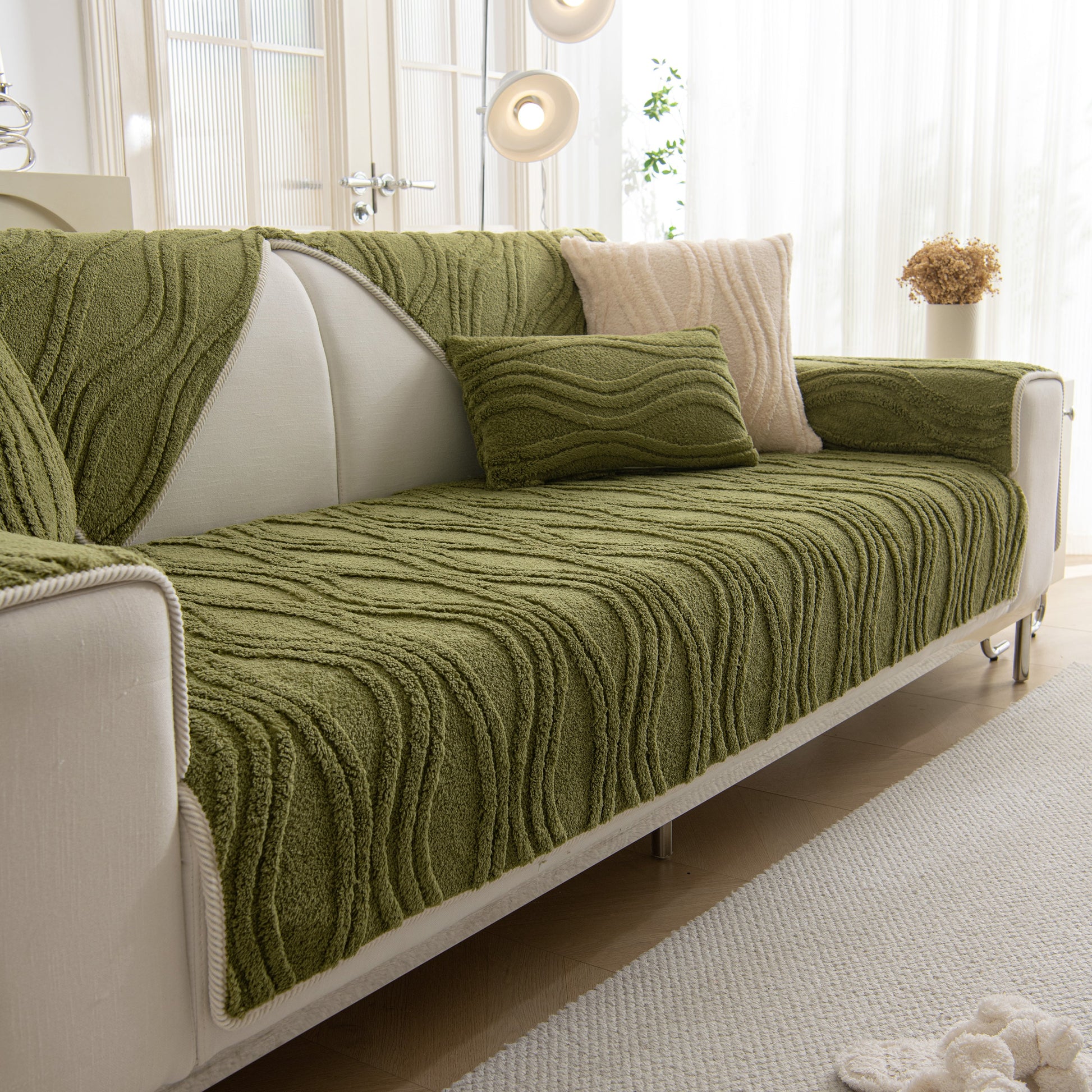 Luxurious sofa with Winter Thickened Non-slip Blanket, Three-Dimensional Embossed Cotton Velvet Sofa Cover in olive green