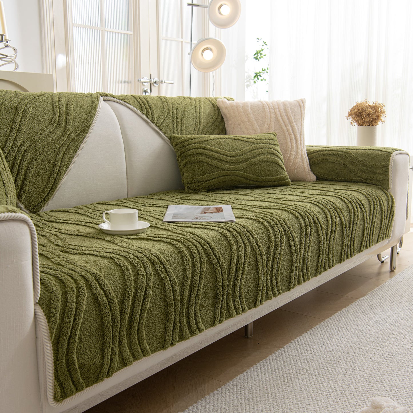 Winter Thickened Non-slip Blanket, Three-Dimensional Embossed Cotton Velvet Sofa Cover on green sofa
