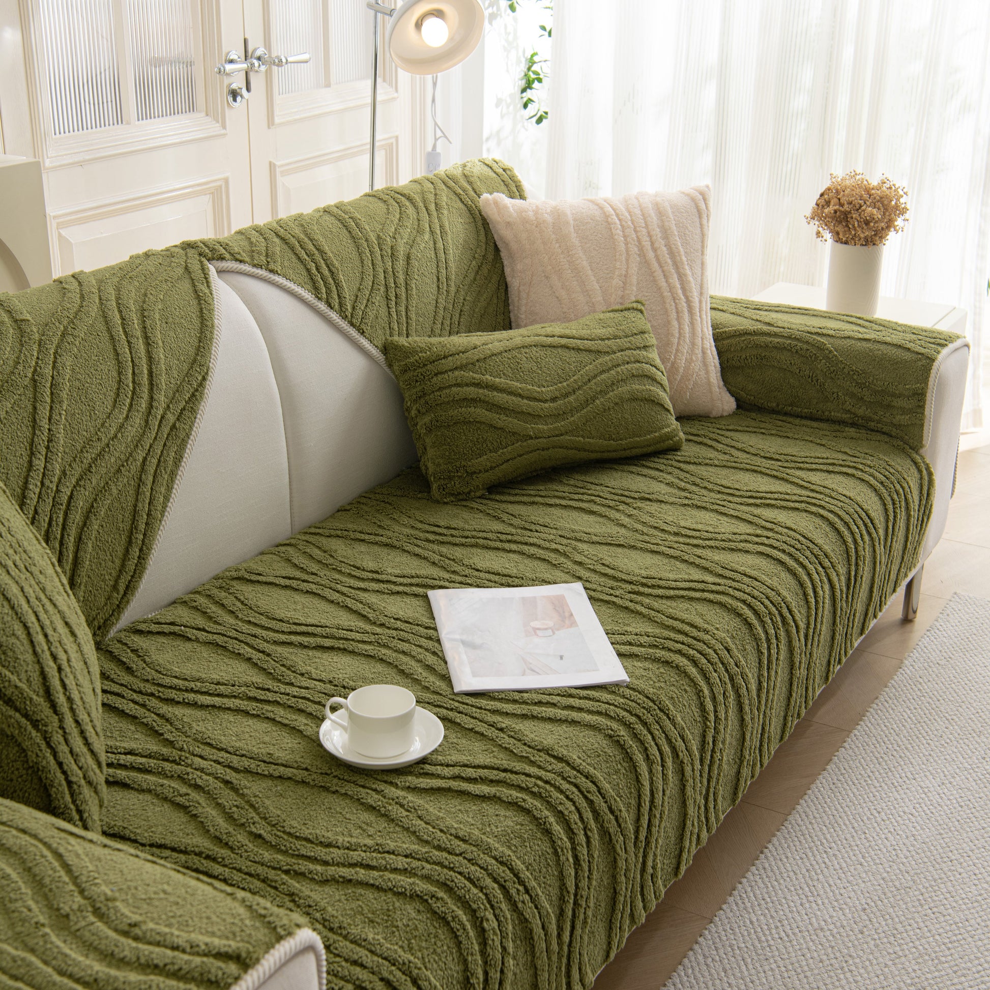 Winter Thickened Non-slip Blanket, Three-Dimensional Embossed Cotton Velvet Sofa Cover on a green couch