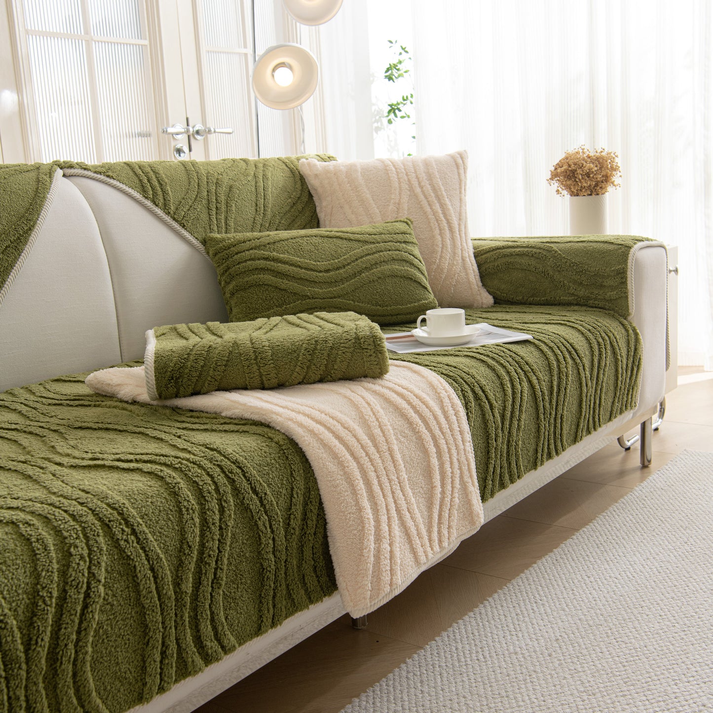Winter Thickened Non-slip Blanket, Three-Dimensional Embossed Cotton Velvet Sofa Cover in a cozy living room setting.