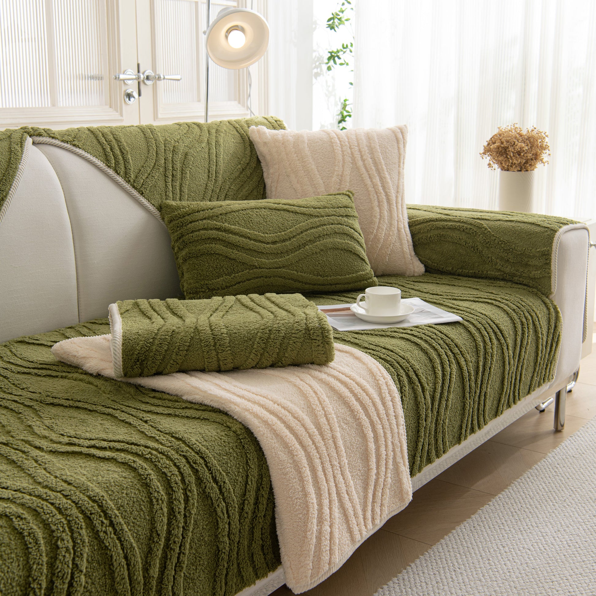 Winter Thickened Non-slip Blanket, Three-Dimensional Embossed Cotton Velvet Sofa Cover on a modern sofa