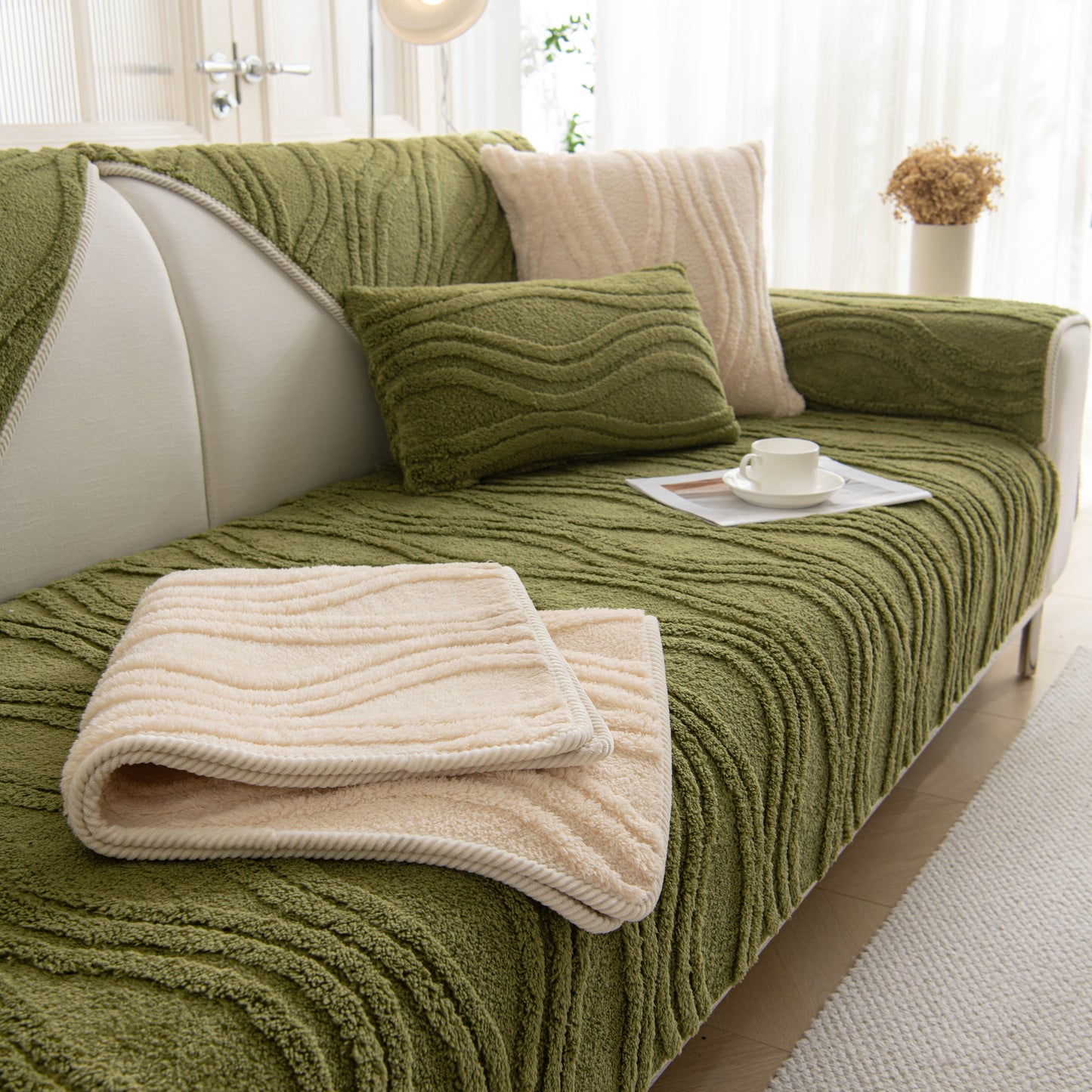 Winter Thickened Non-slip Blanket, Three-Dimensional Embossed Cotton Velvet Sofa Cover in a living room setting.