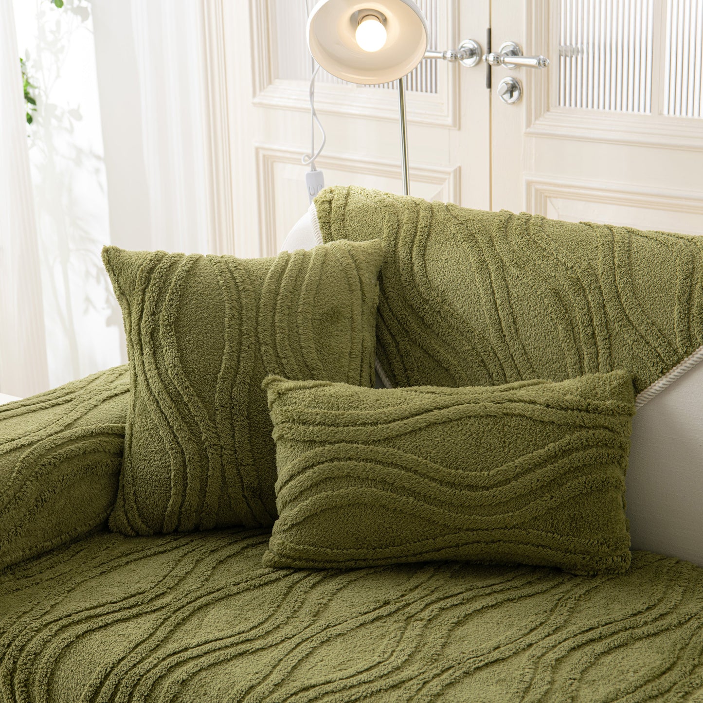 Winter Thickened Non-slip Blanket, Three-Dimensional Embossed Cotton Velvet Sofa Cover in olive green on a sofa.
