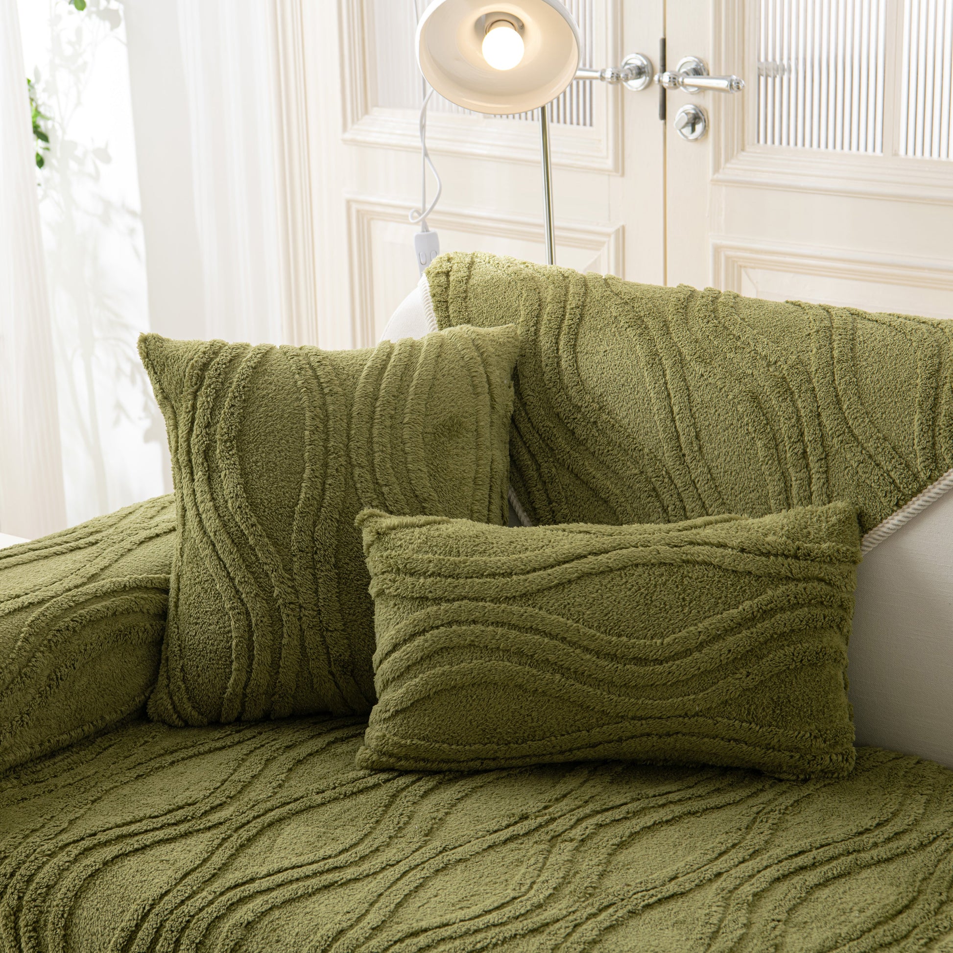 Winter Thickened Non-slip Blanket, Three-Dimensional Embossed Cotton Velvet Sofa Cover in olive green on a sofa.