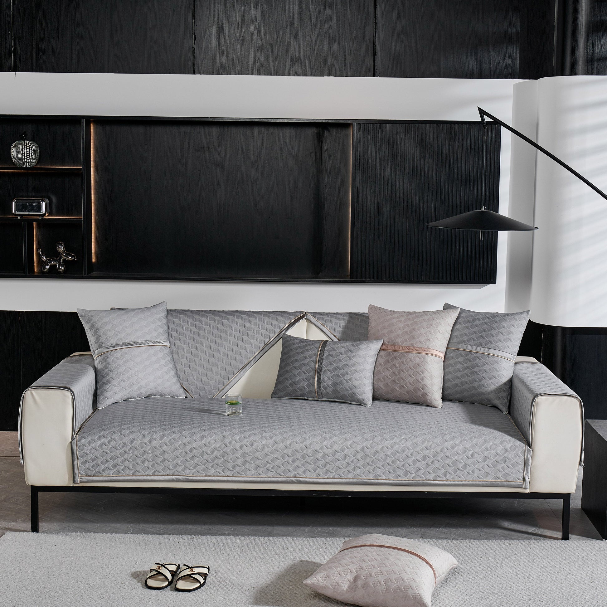 Geometric 3D Sofa Cover, Non-Slip Couch Protector for Seat, Backrest & Armrest in modern living room setting