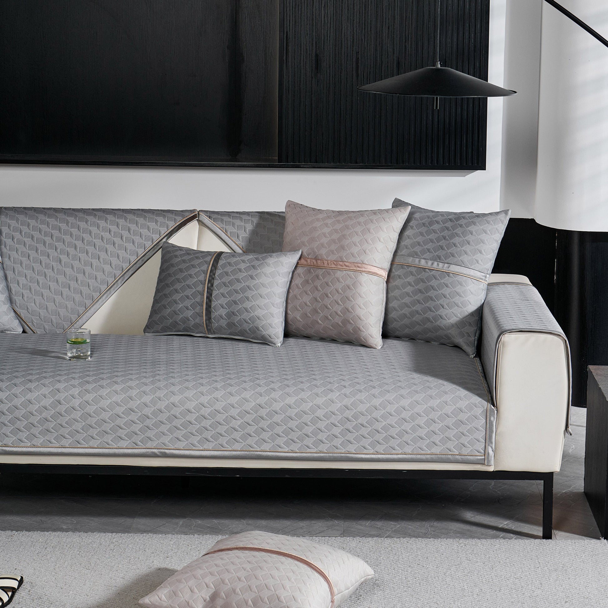 Geometric 3D Sofa Cover, Non-Slip Couch Protector for Seat, Backrest & Armrest in elegant diamond quilted fabric, modern living room decor.