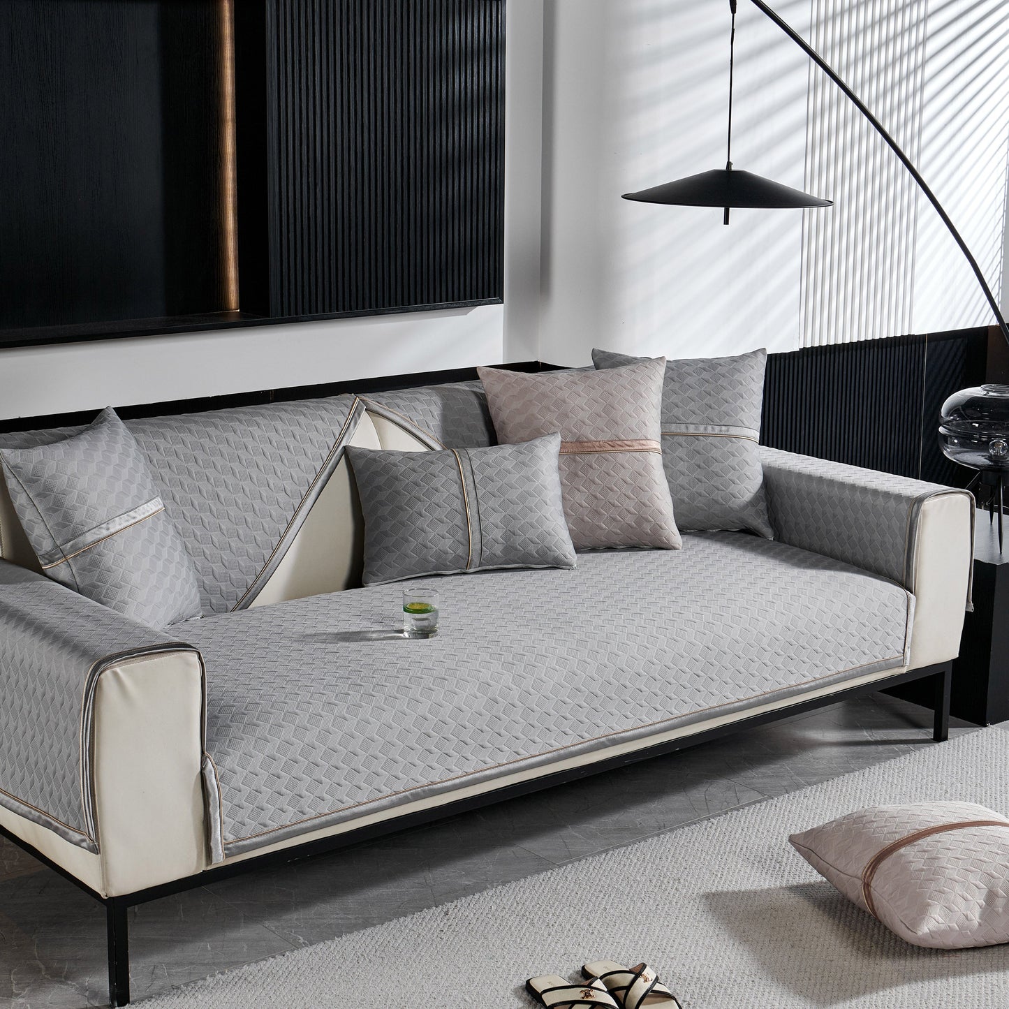 Luxury Geometric 3D Sofa Cover, Non-Slip Couch Protector for Seat, Backrest & Armrest with textured quilted design.