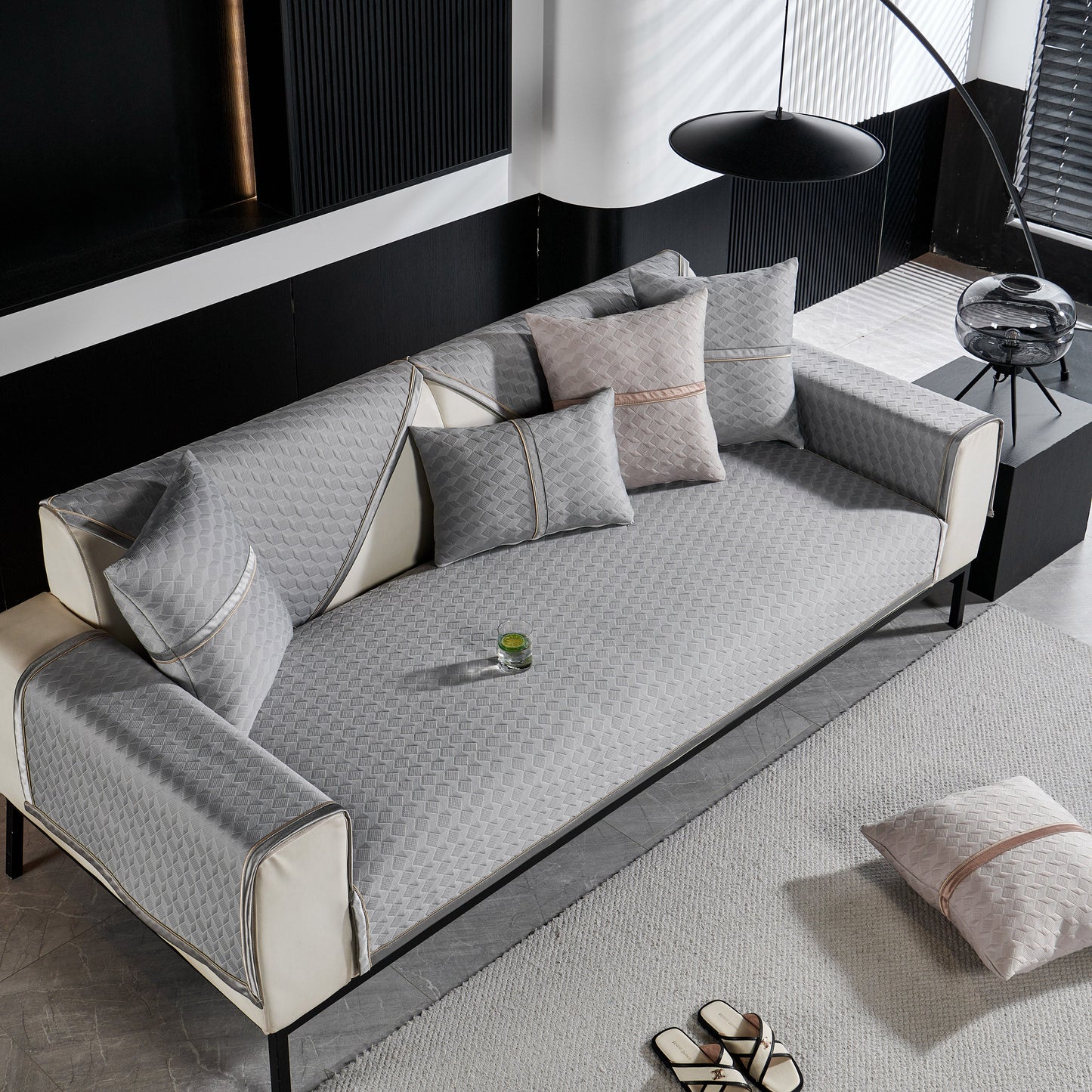 Geometric 3D Sofa Cover, Non-Slip Couch Protector for Seat, Backrest & Armrest in modern living room setting.